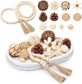 14 Pcs Wooden Decorative Bowl with Wicker Balls Bead, Classic | Dough Bowl Centerpiece for Farmhouse Table, Rattan Ball Tassels Garland Fillers, Natural Rustic Tray for Living Room Console