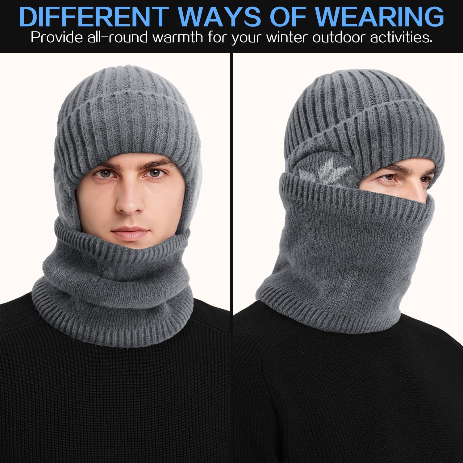 Mens Winter Beanie Hats Scarf Set - Winter Hats for Men, Beanie with Earflap for Men Fleece Hat Scarf Set - Image 6