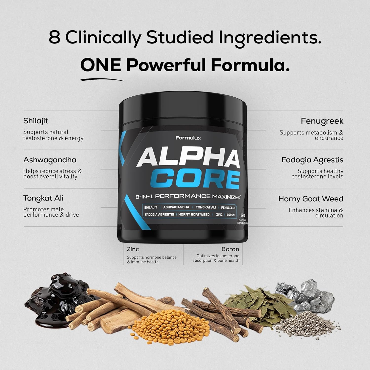 Alpha Core 8-in-1 Testosterone Booster for Men – Shilajit, Tongkat Ali, Fadogia Agrestis, Ashwagandha & Fenugreek Complex – Zinc & Boron for Energy & Strength – 120 Capsules (2 Month Supply)