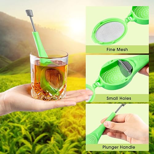 Miniatura 6 de VEIREN 3 filtros de té de mango largo, infusor de té de plástico, malla con émbolo incorporado, reutilizables, coladores de dos lados para té