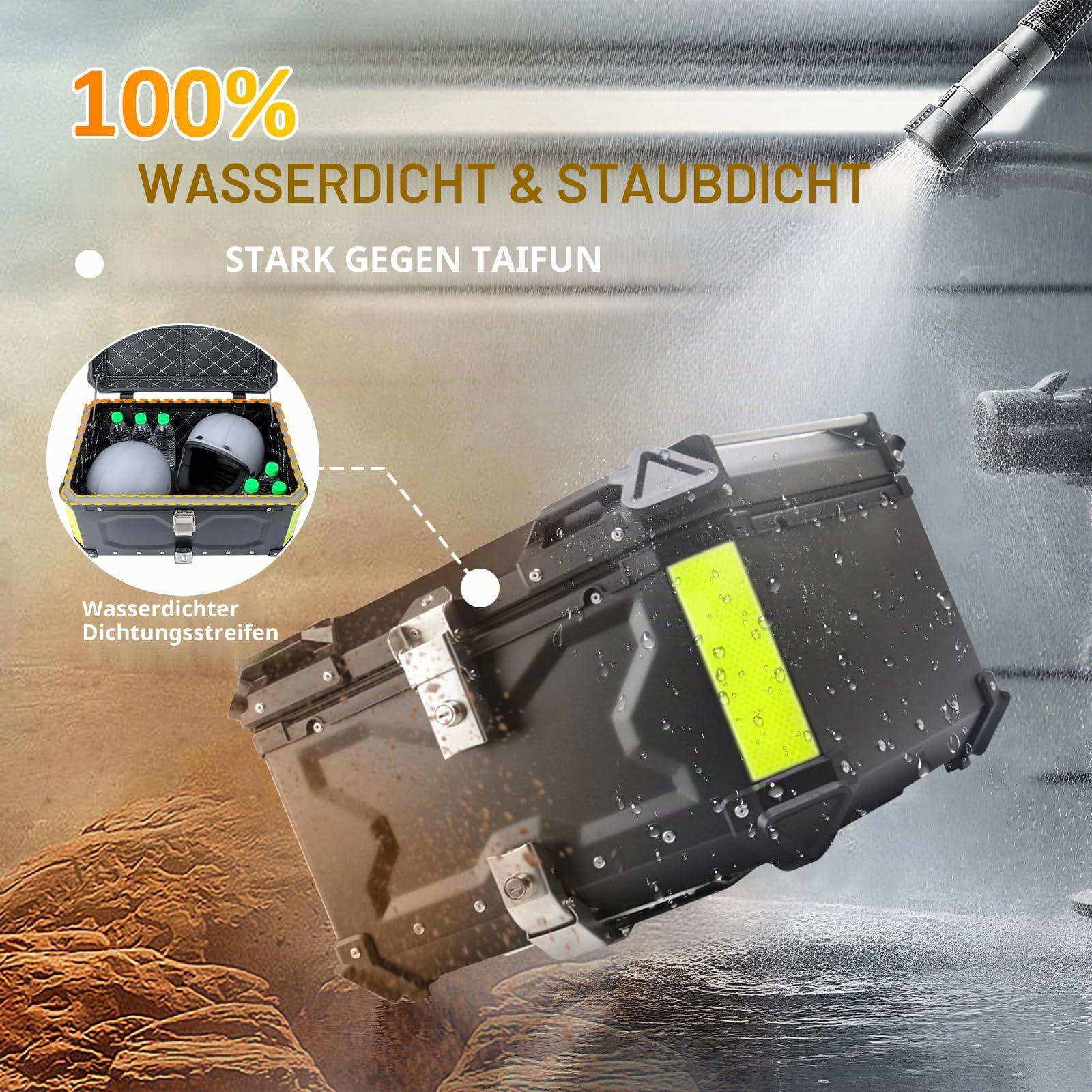Top Case Moto 65L Universal Aluminium – Wasserdicht IP68, sicherer Heckkoffer, Diebstahlsicherung für 2 Helme, schnelle Demontage für die meisten Motorräder & Roller (schwarz)