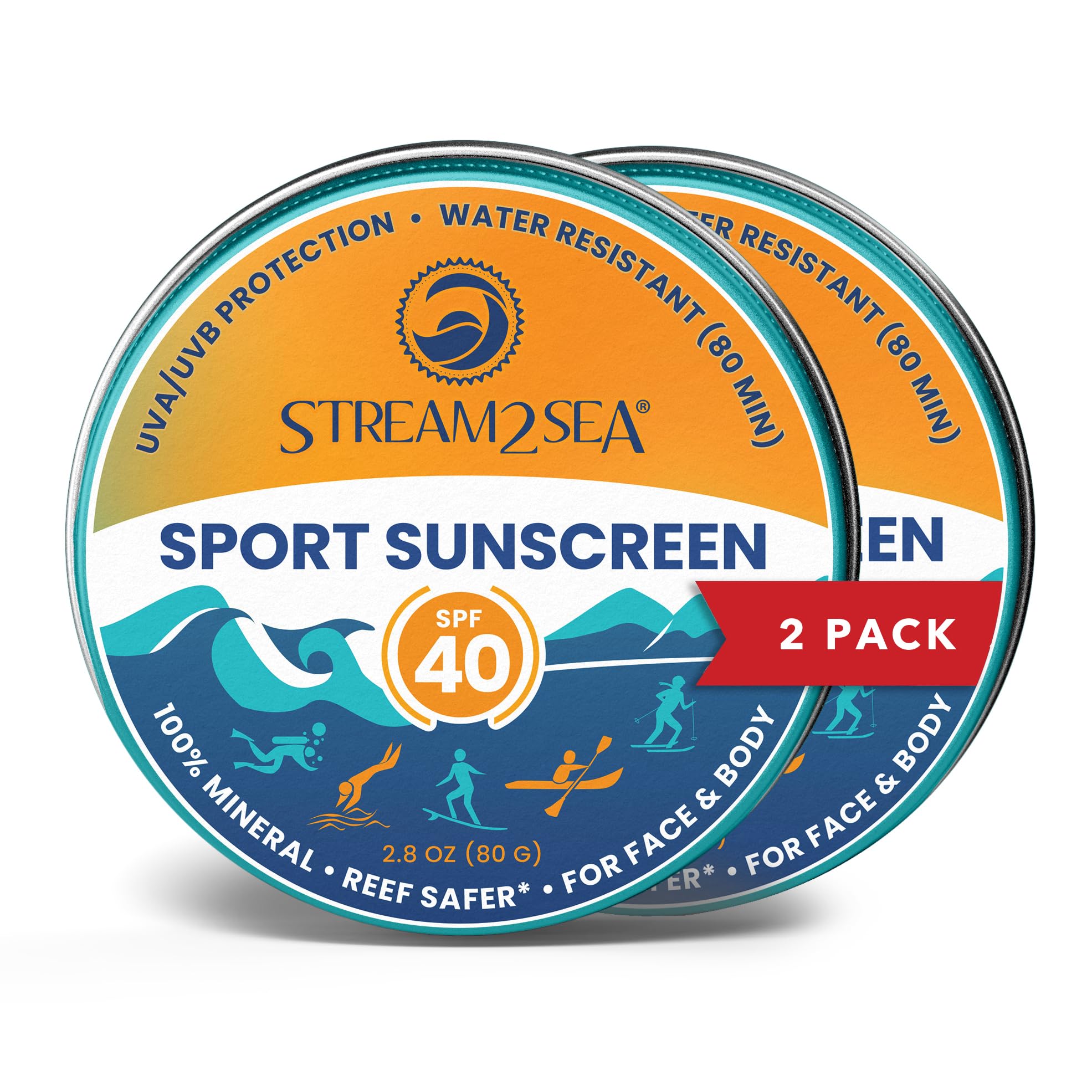 STREAM 2 SEASunscreen Balm in Tin, SPF40 Reef Safe Mineral Sunscreen, Face & Body Biodegradable Sunscreen, Natural Organic Unscented Travel Size Reef Safe Sunscreen with Zinc Oxide - Pack of