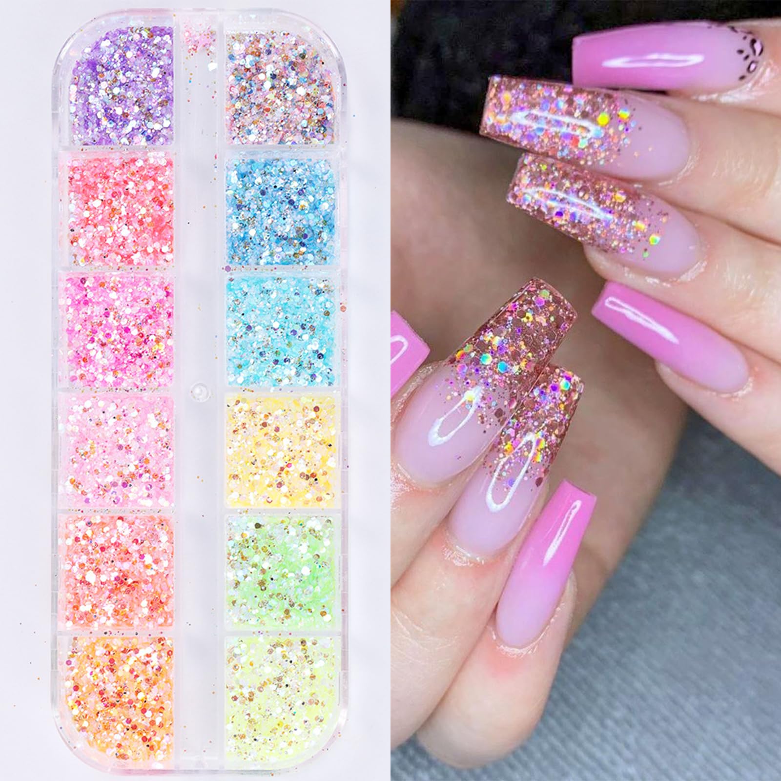 12Grid Mermaid Nail Art Glitter Sequins 3D Irregular Colorful Fluorescent Glass Paper Chunky Iridescent Flakes Nail Confetti Shiny Bright Ice Slag Nail Supplies for Women DIY Acrylic Nail Decoration