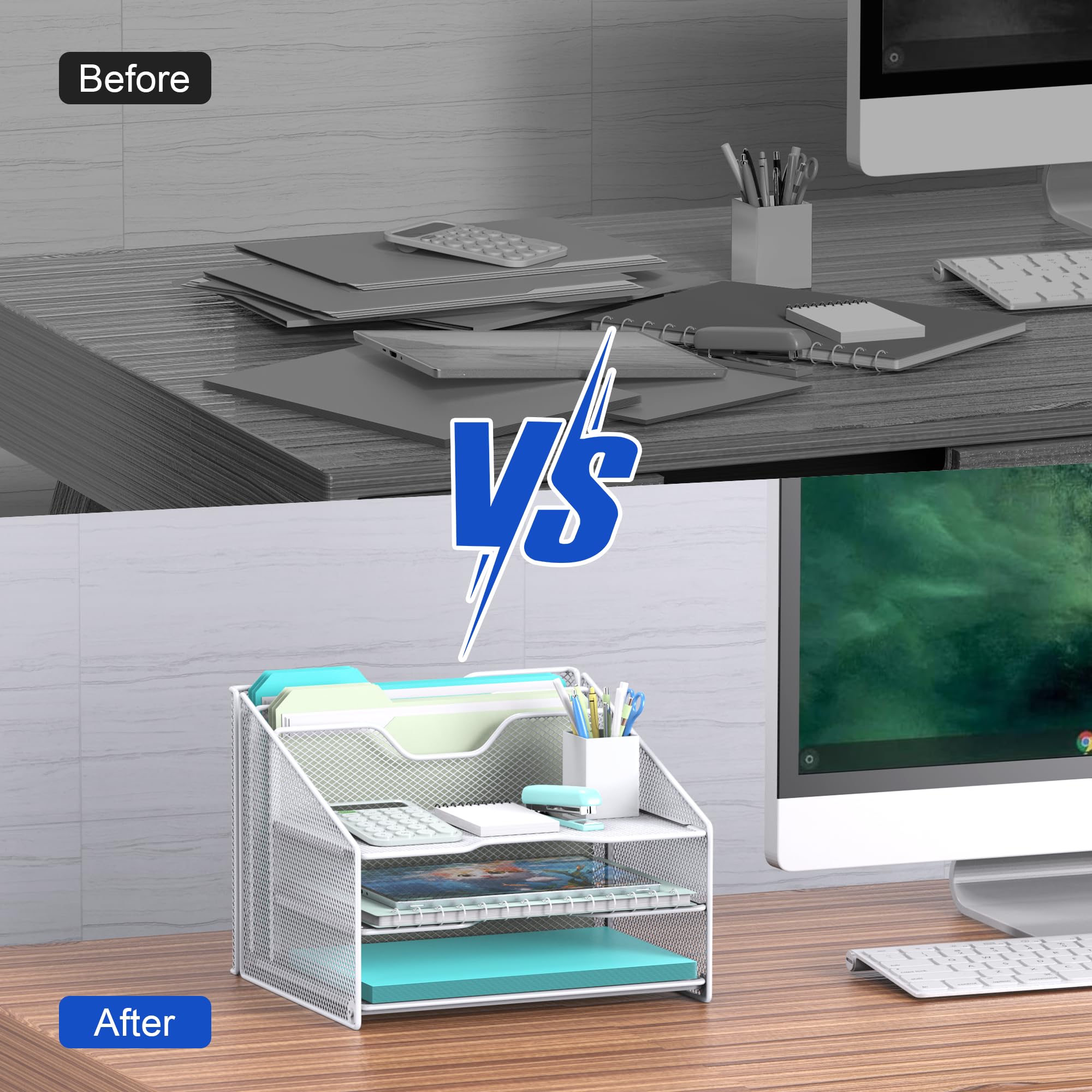 Samstar White Desk File Organizer, Mesh Letter File Folder Holder with 3 Paper Trays and 2 Vertical Upright Section, for Office Supplies, Desk Accessories & Workspace, White view 6