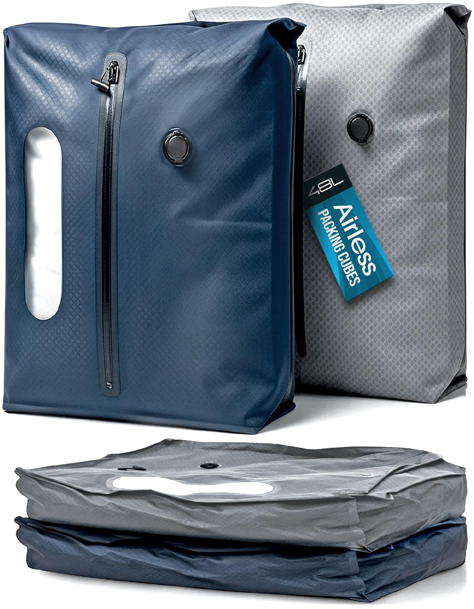 Vakuumbeutel für Kleidung Reisen – TSA-konform Airless PacPro 48L, Handgepäck-Kompressionsverpackungswürfel für Gepäck und Rucksäcke, pumpenfreies Luftventil (groß, 2 Stück)