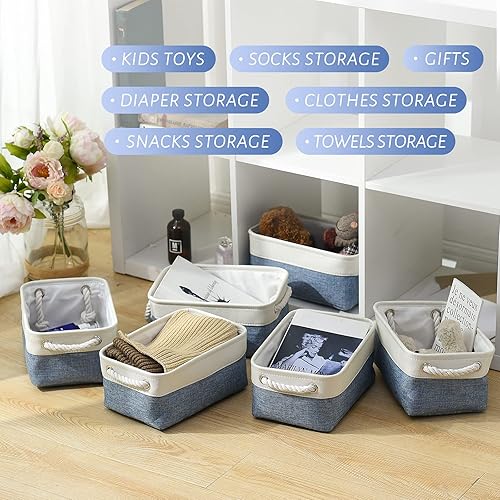 Vista 194 de Caja de almacenamiento para estantes, paquete de 6 canastas pequeñas de tela para organizar, cubos de almacenamiento plegables con asas para Blanco