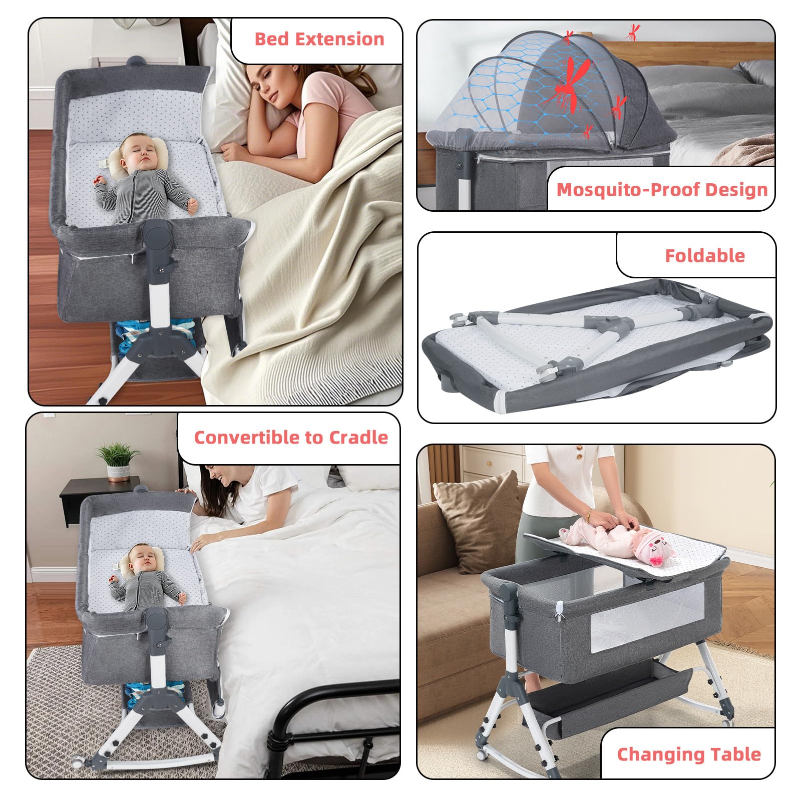 Lit Bébé Cododo Berceau avec Matelas, Mode Bascule pour Bercer, Côté Repliable, Hauteur Réglable, Fenêtres en Filet, 4 Roues, 0-24 Mois (Gris Clair)