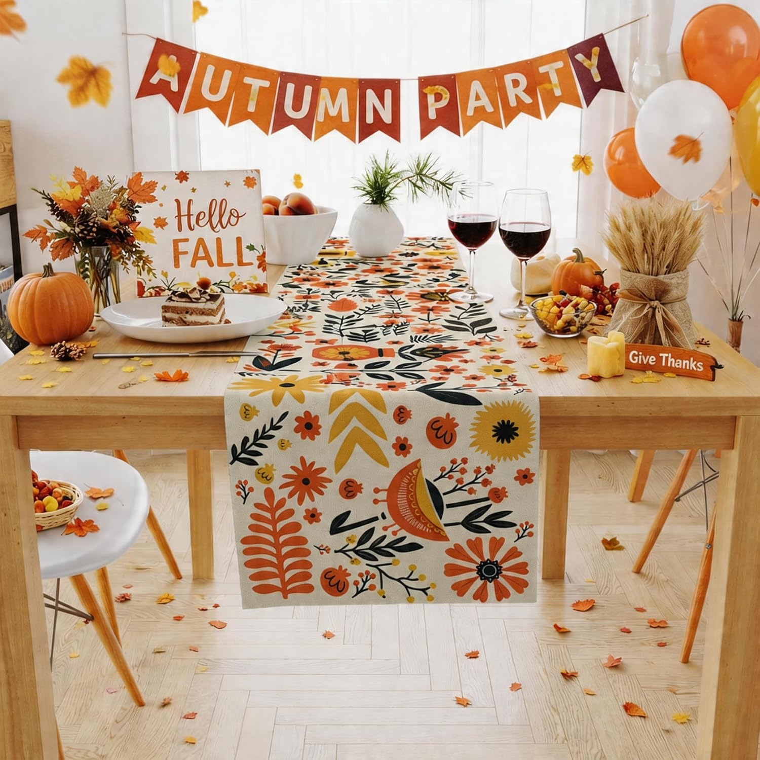 Fall Decor - Floral Table Runner | Autumn Decorations for Home | Thanksgiving Table Decor Accessories for Indoor Outdoor Party Supplies, Fall Centerpieces Backdrop Tablecloth for Room Office Kitchen