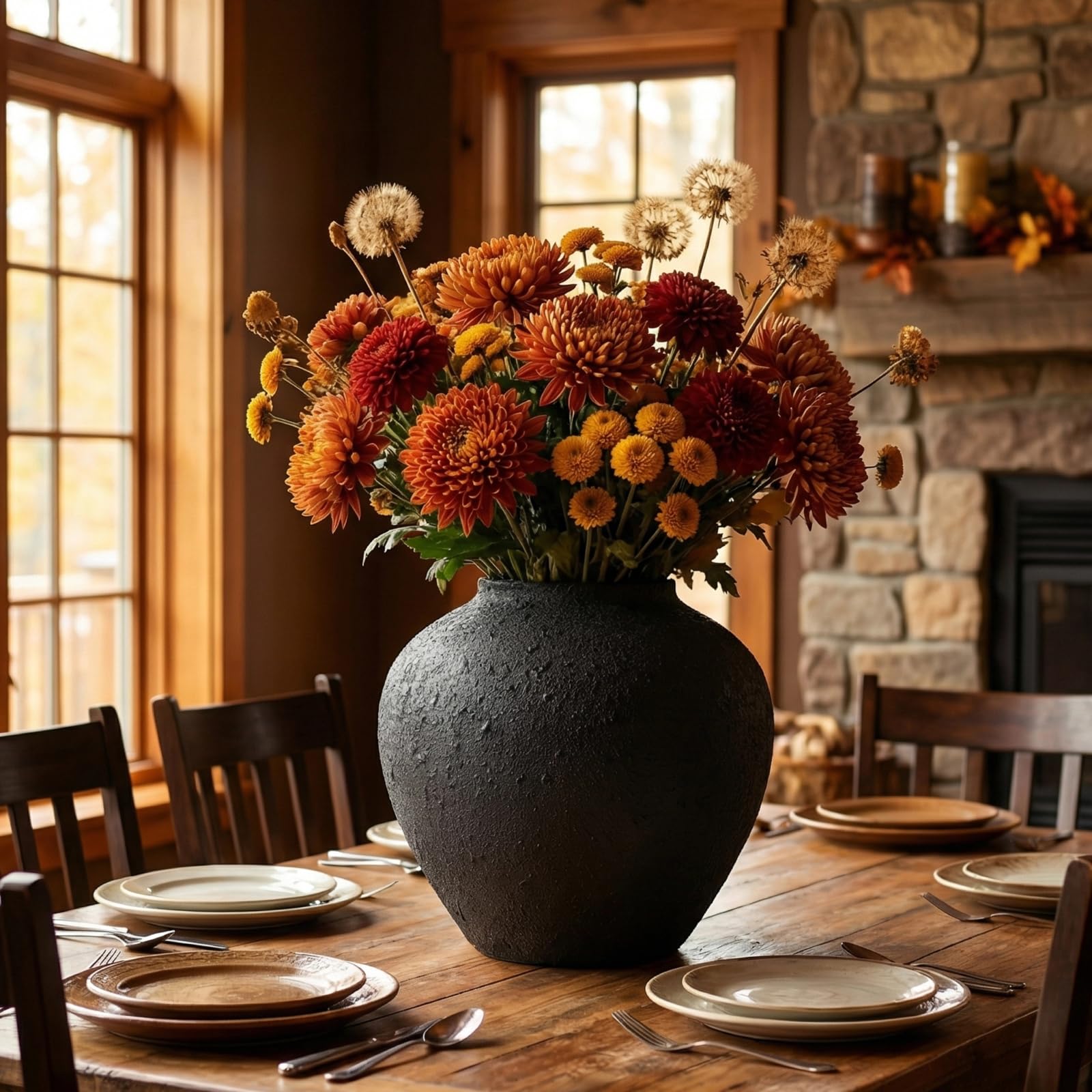 Jarrón redondo grande negro de 11 pulgadas para flores, metal rústico | Jarrón grande de hierro mate para centro de mesa moderno de granja, decoración de sala de estar, hogar