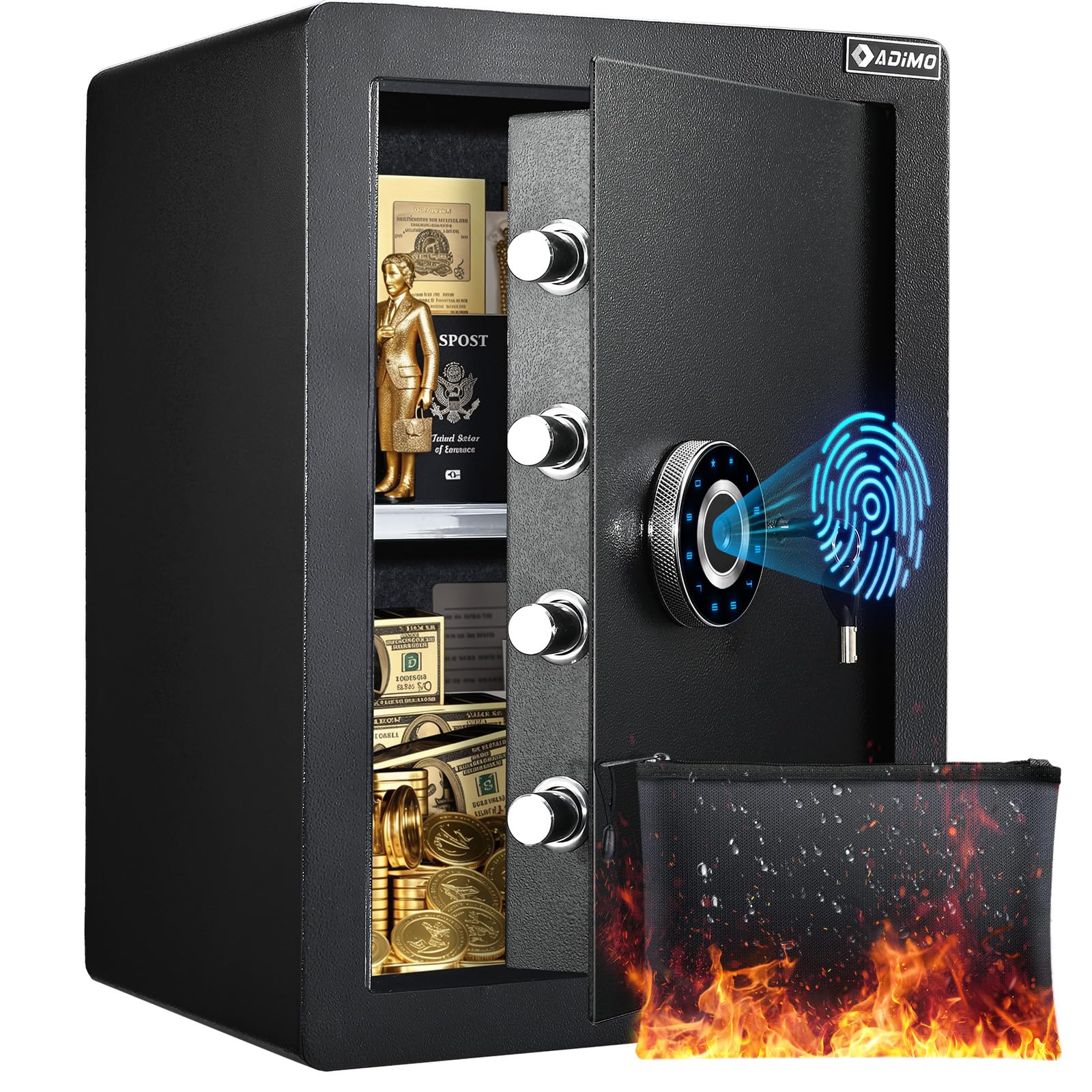 Adimo Biometric Safe Box 2.8 Cuft, Large Fireproof Safe w/Advanced Fingerprint& Password Protection, Alarm System&Removable Shelf, Heavy Duty Home Money Safe For Documents Valuables Home Office Hotel