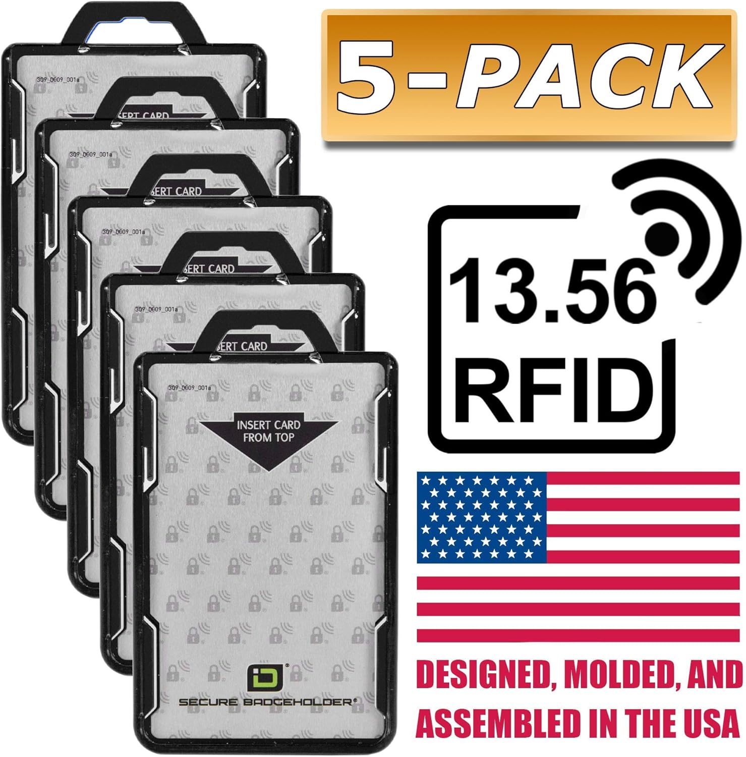 ID Stronghold - Pack of 5 - RFID Blocking Secure Badge Holder - Duolite 2 Card ID Holder - Poly Carbonate - Heavy Duty Plastic ID Badge Holder - USA Molded and Assembled - FIPS 201 Approved