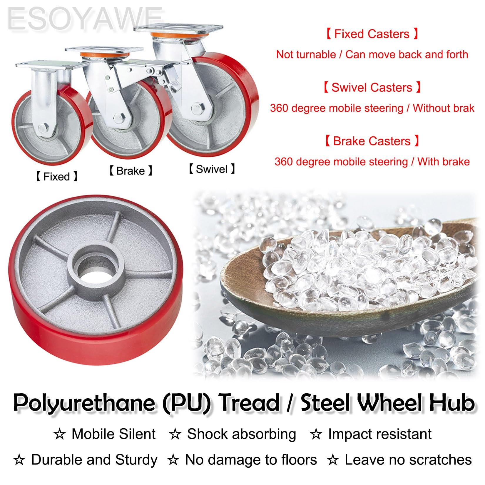 Lenkrollen Möbelrollen 4er-Set, 4 5 6 8 Zoll Hochleistungs-Leiserollen aus Polyurethan mit Stahlnabe, Ersatzrolle mit Doppelkugellager und Bremsen(Fixed+Swivel,125mm)
