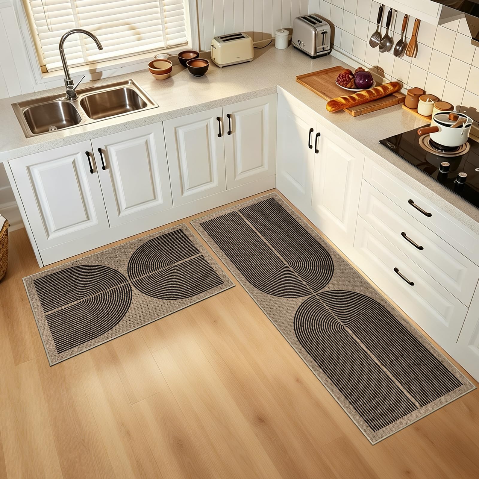 Capslpad Küchenteppiche 2 Stück, rutschfeste Schmutzfangmatte Küchenmatten, Waschbar Küchenläufer Jute Aussehen Teppichläufer Flur Absorbierende Küchen Läufer für Küche, Flur, Waschküche