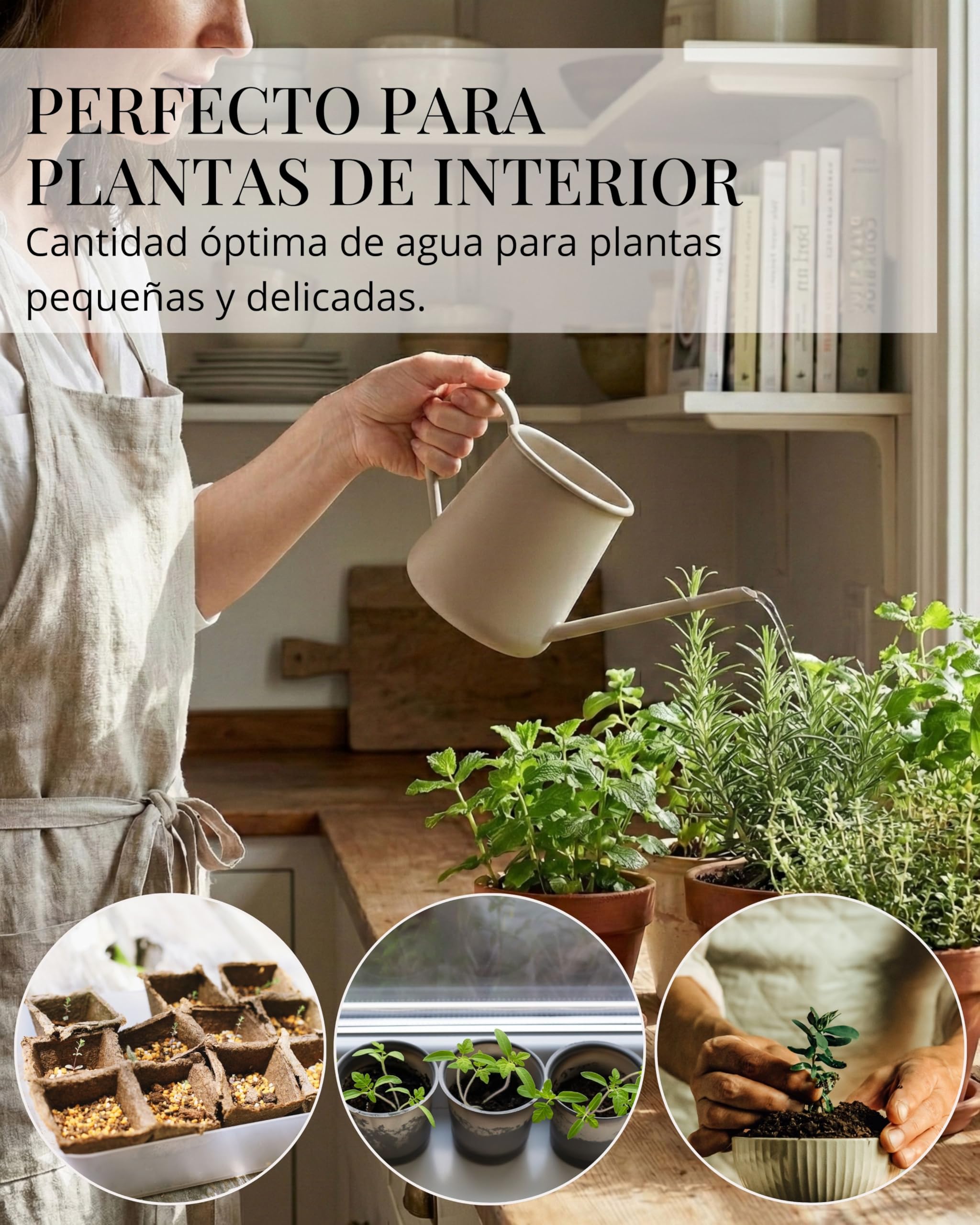 LIVLIG Regadera Pequeña 1 Litro – Metal con Pitorro Largo para Plantas Interior, Bonsai y Suculentas, Acabado Mate, Beige
