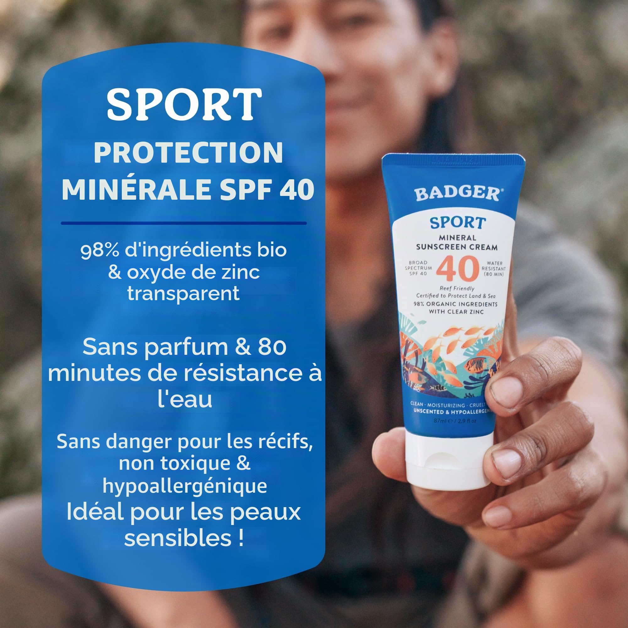 Badger Company, Sport, Mineral Sunscreen Cream, SPF 40, Unscented, 2,9 fl oz (87 ml)