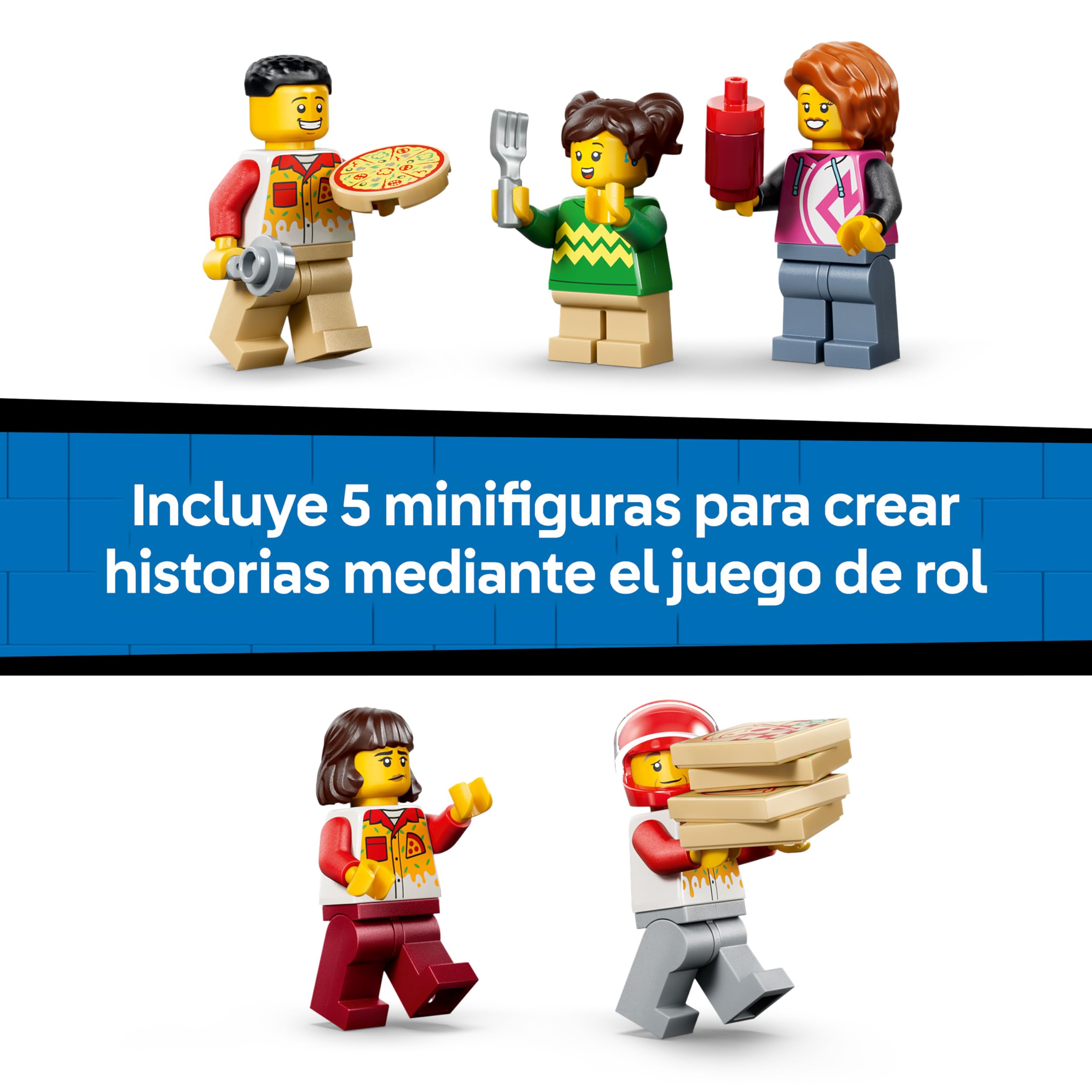 LEGO City Experiencia de Pizza a Domicilio con Vehículos – Coche, Moto y Dron de Juguete, Comida, Máquina Recreativa y 4 Minifiguras – Regalo de Cumpleaños para Niños de 6+ Años – 60496