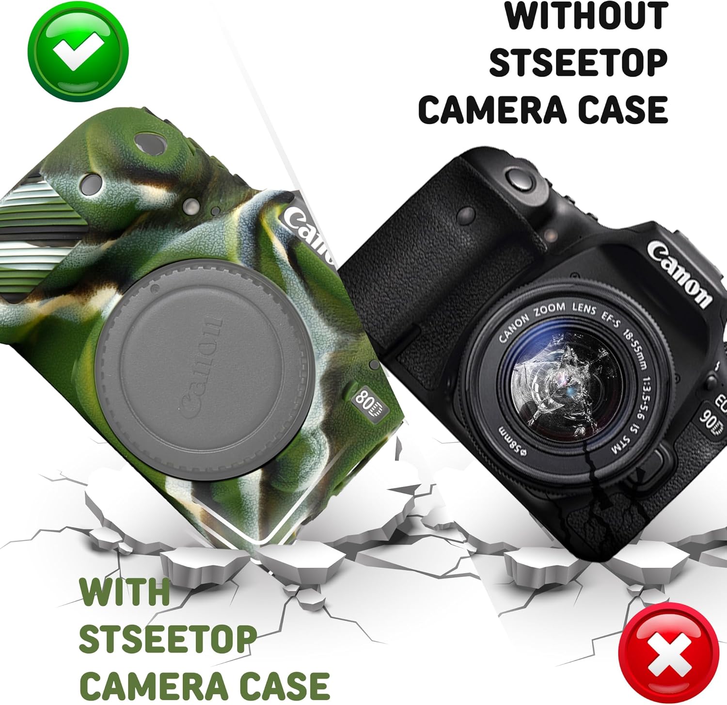 Camera Case for Canon EOS 80D - Protective Silicone DSLR Skin Cover, Detachable Cage, Shockproof, Dustproof(Army GreenOrange)