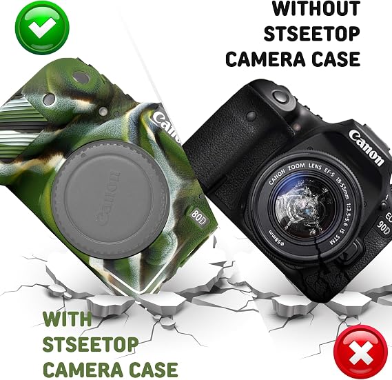 Camera Case for Canon EOS 80D - Protective Silicone DSLR Skin Cover, Detachable Cage, Shockproof, Dustproof(Army GreenOrange)