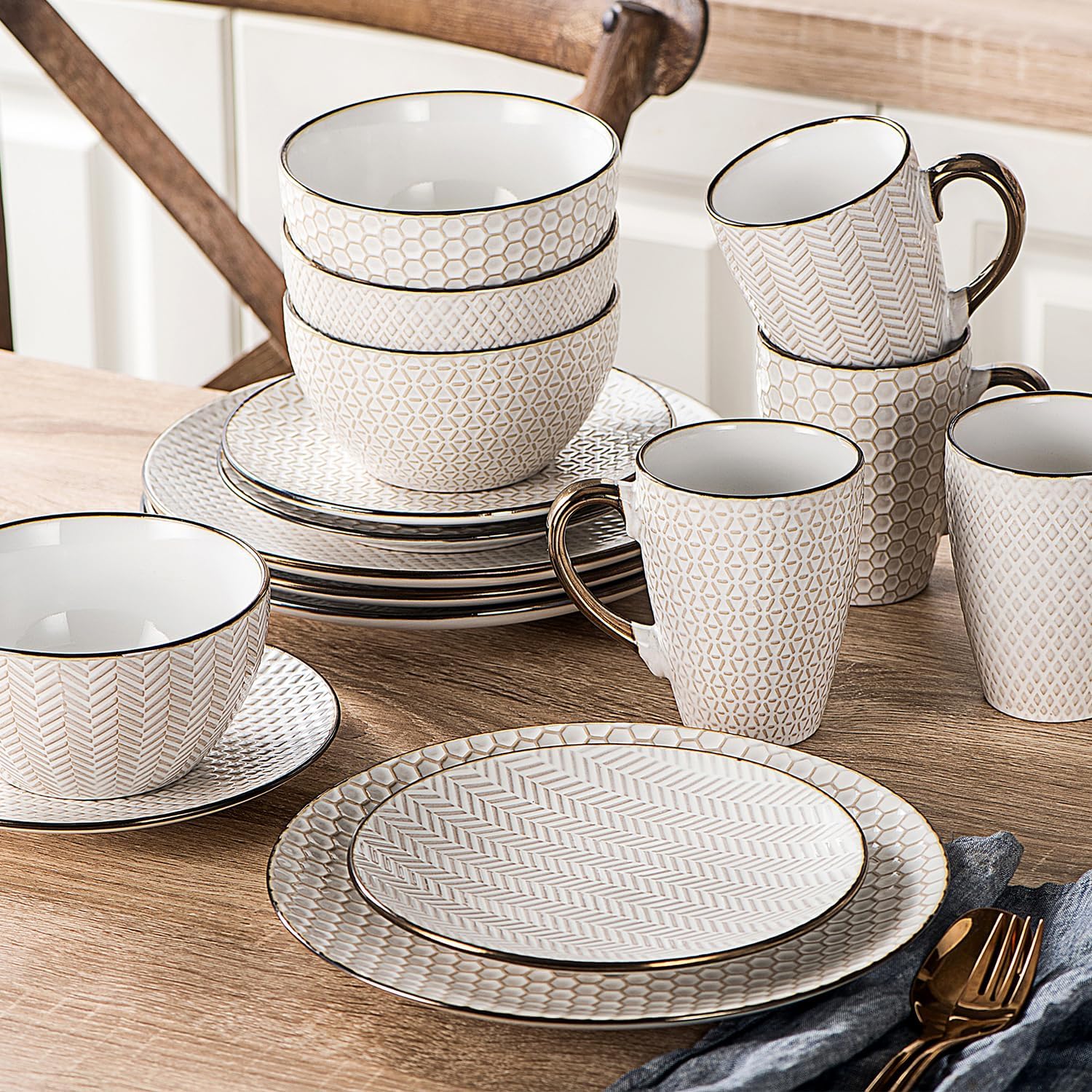 Ceramic Dinner Plates Set - 10.5 Inch Large Embossed Stoneware Dishes