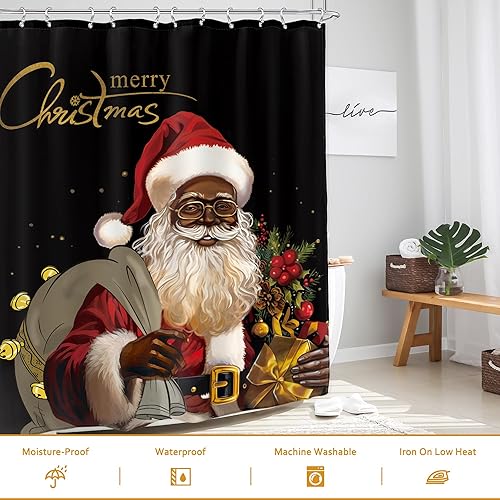Miniatura 3 de Glawry Cortina de ducha de Navidad de Papá Noel negro Feliz Navidad, Afroamericano, retro, baño, vacaciones de invierno, feliz año nuevo, 60