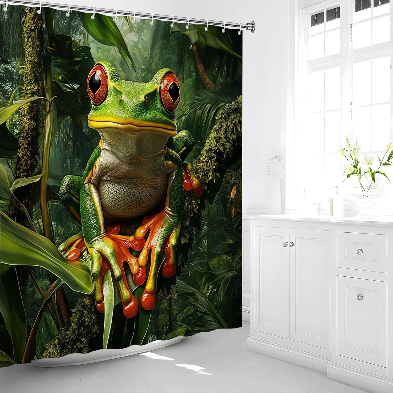 Tropical Rainforest Frog Shower Curtain Funny Cute Animals Green Leaves Jungle Forest Landscape Floral Plant Spring Summer Outdoor Adventure Theme Fabric Bathroom Decor Sets with Hook 70W x 90H inch