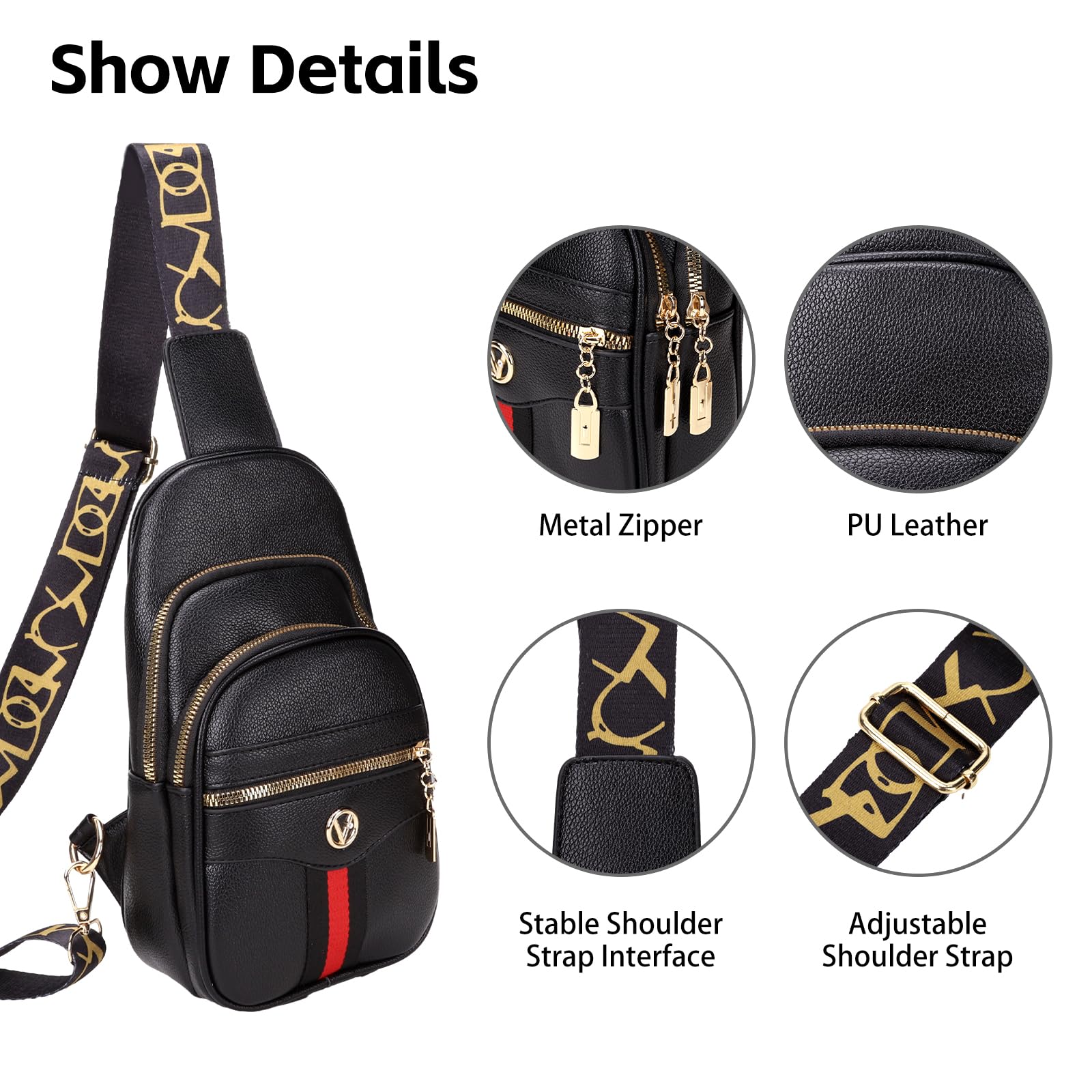 Negra Crossbody Bags for Women Fashion Shoulder Bag PU Leather Sports Bag Causal Chest Bum Bag Sling Purse Backpack with Adjustable Strap for Traveling Shopping Dating Black