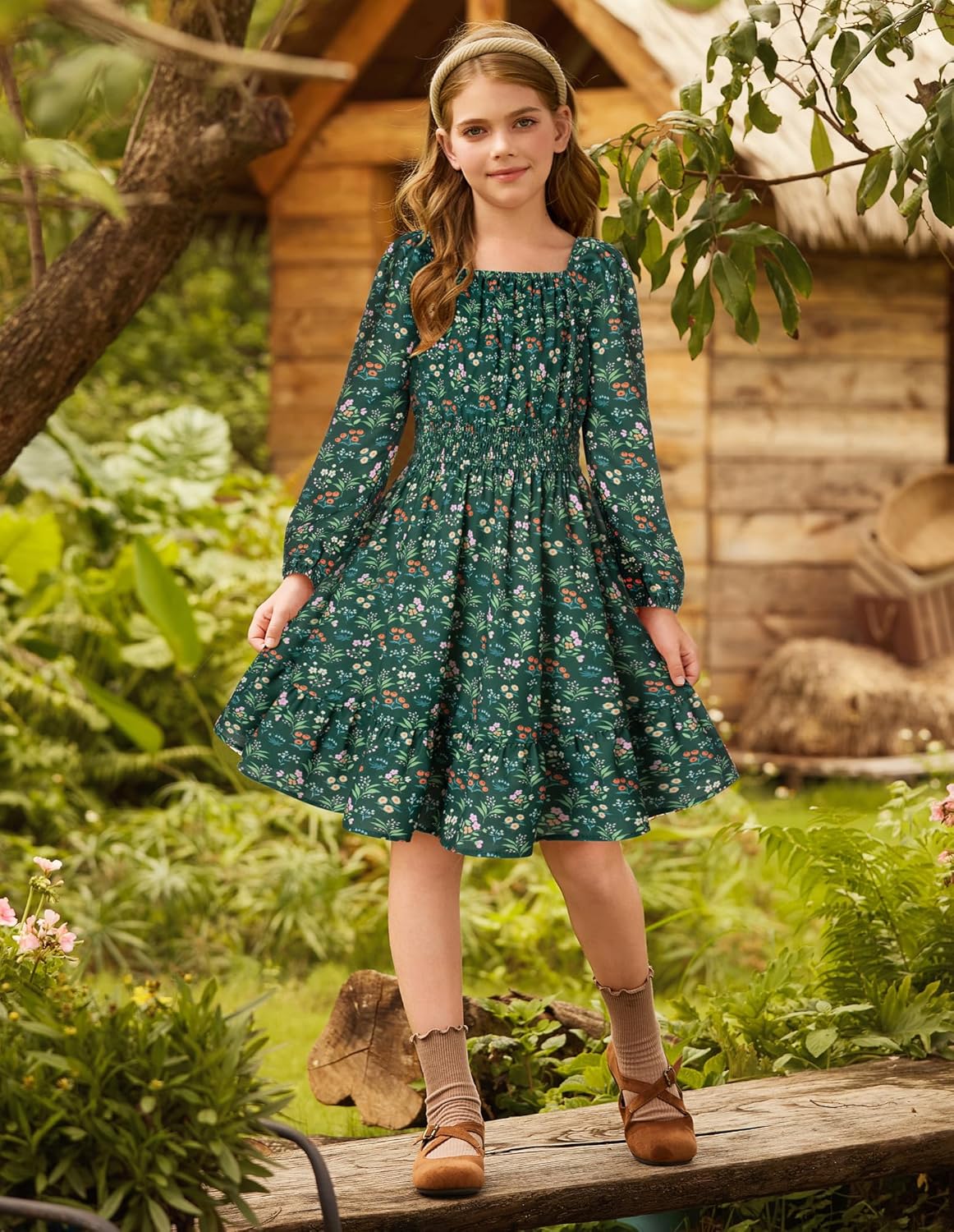 GRACE KARIN Girls Fall Dress Floral Long Sleeve Midi with Smocked Waist for Holiday Party 6-14Y - Image 2