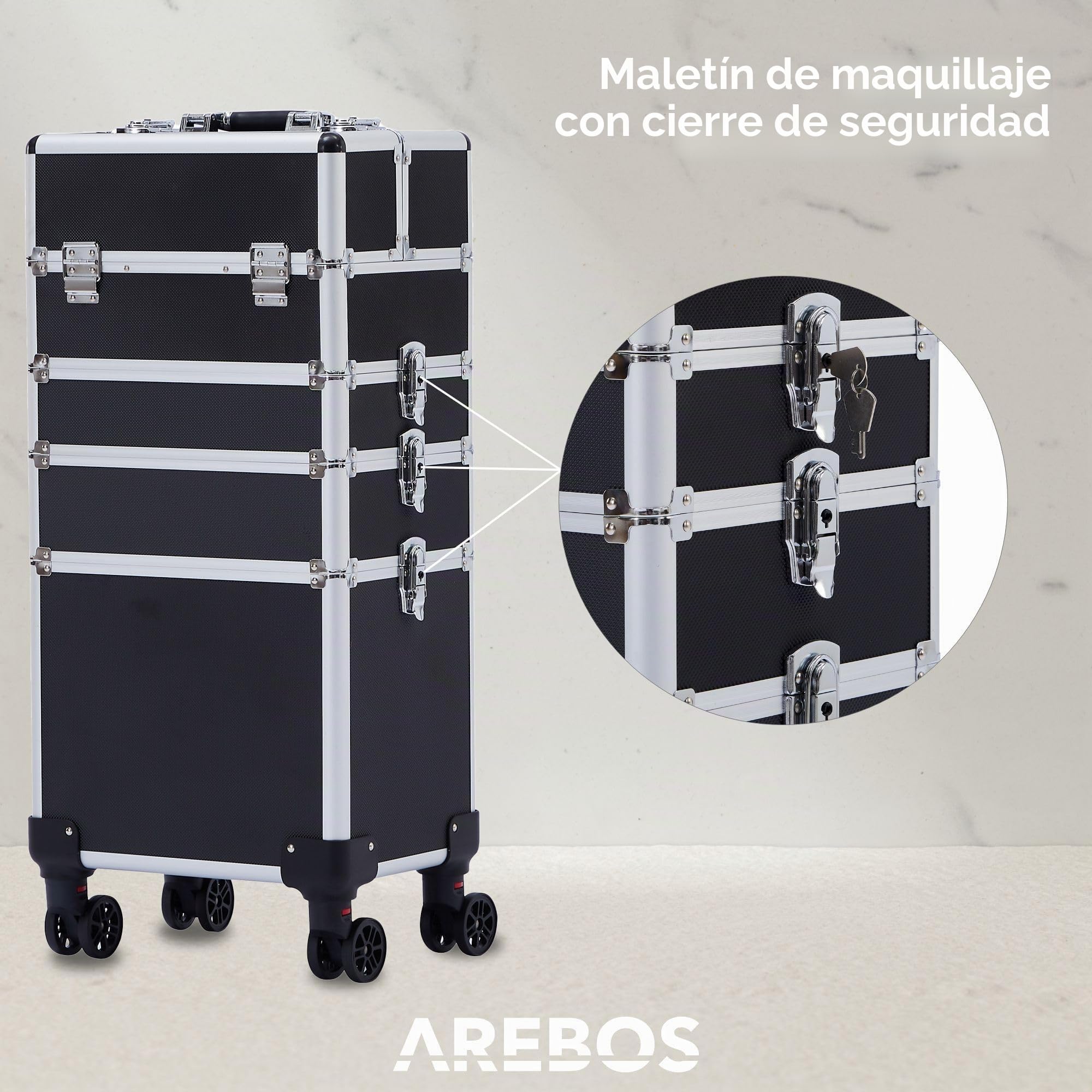 Arebos 4 en 1 Maletín Cosméticos | Maleta para Maquillaje Profesional | Maletin Maquillaje| 4 Compartimentos y 1 cajón | con Cierre | Forro de Terciopelo | Trolley | Negro