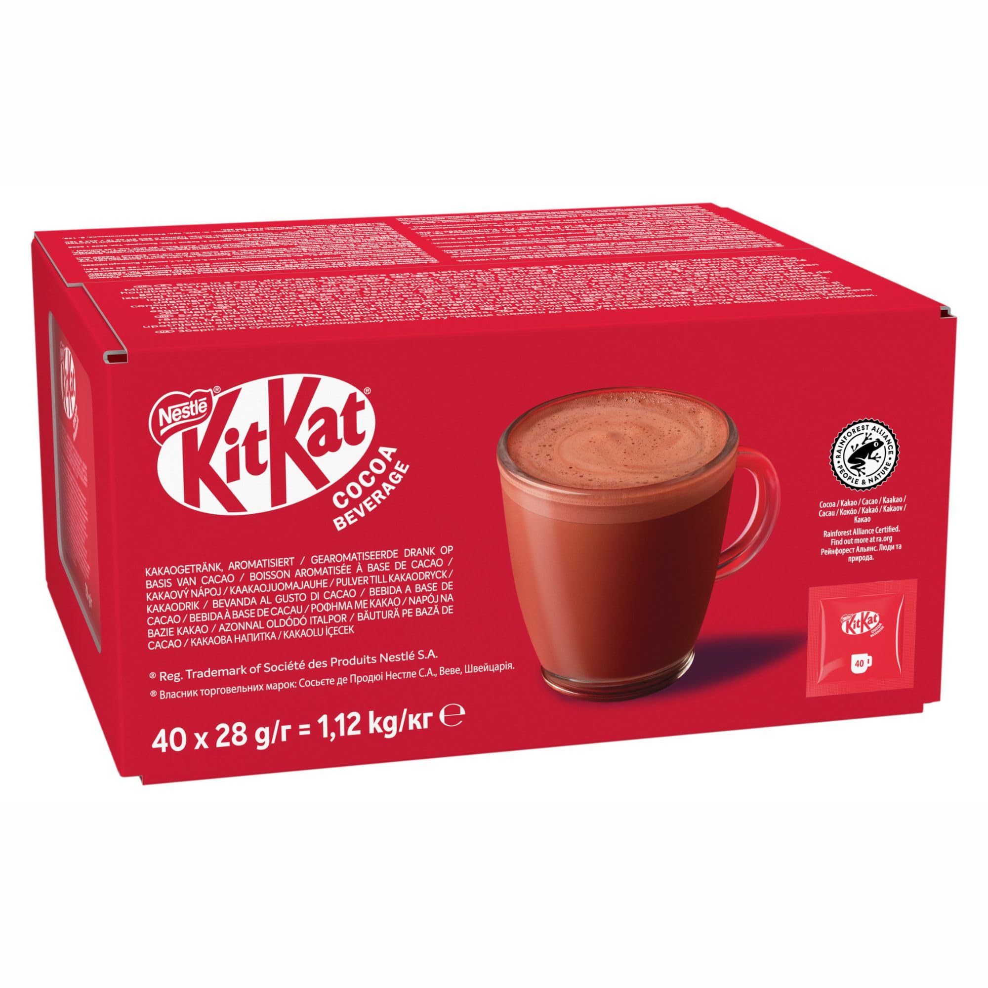 KITKAT Boisson Cacaotée Goût Gaufrettes - 40 Sachets Solubles - Pour Préparer un Chocolat Chaud Instantané - A Mélanger avec de l'Eau - Cacao Certifié Rainforest Alliance - 40 Sticks de 28g