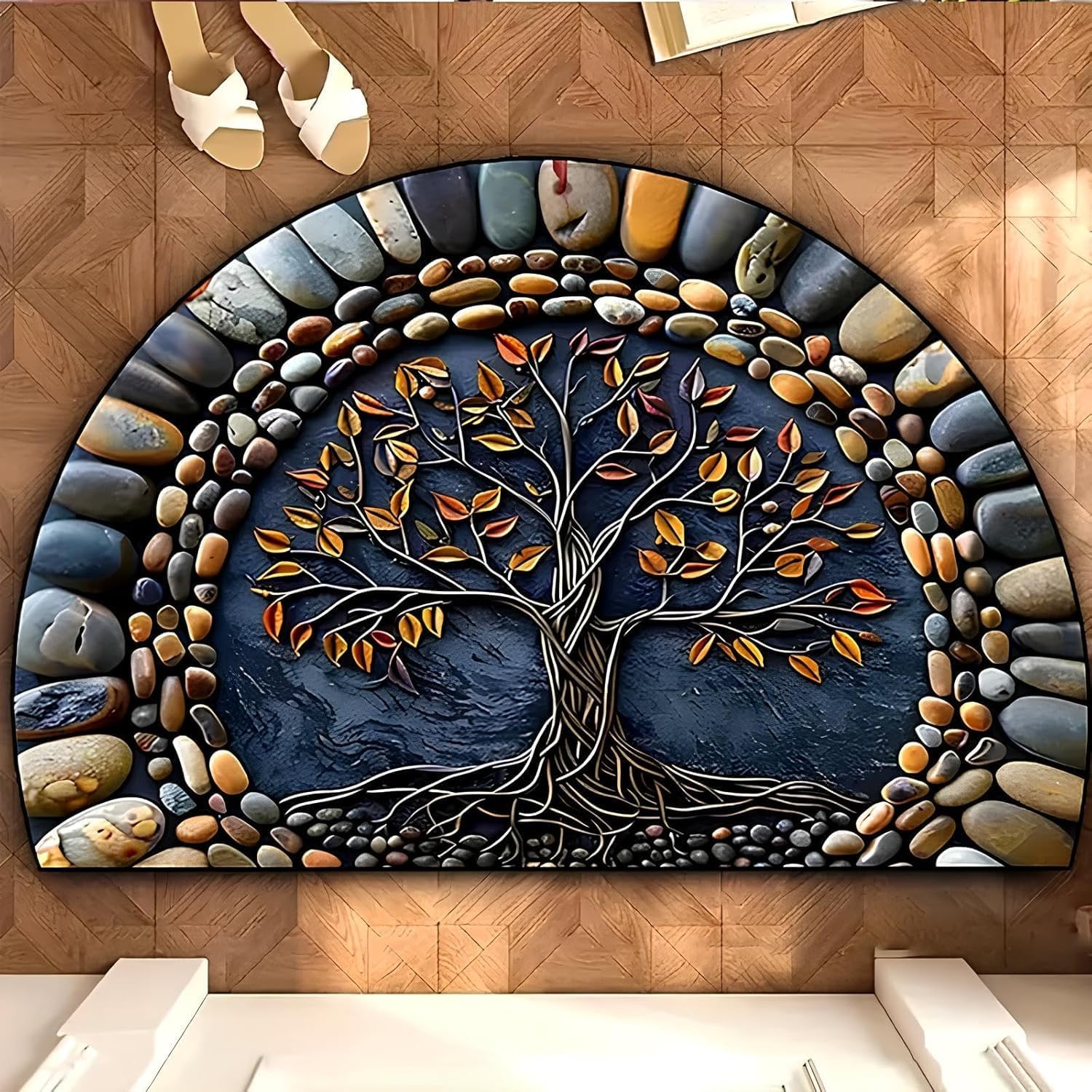 Svaxen Half Round Door Mat | Semi Circle Rubber Entreance Rug with 3D Tree of Life & Stone Pattern | Absorbent Entryway Doormat for Home, Kitchen, Bathroom & Bedroom | Easy to Clean Home Decor Carpet-picture-11