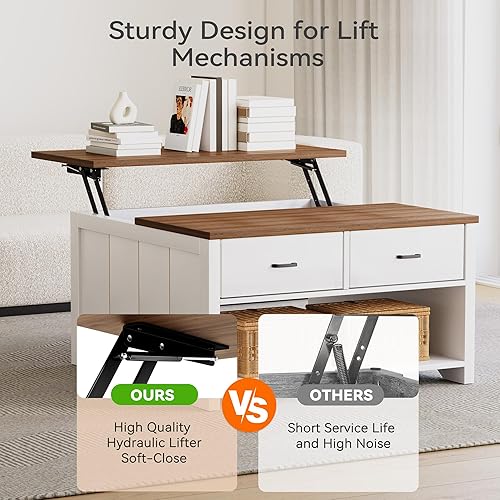 Miniatura 6 de Mesa auxiliar elevable, mesa de té de madera con gran almacenamiento abierto, mesas de centro cuadradas para sala de estar, mesas de café rústicas