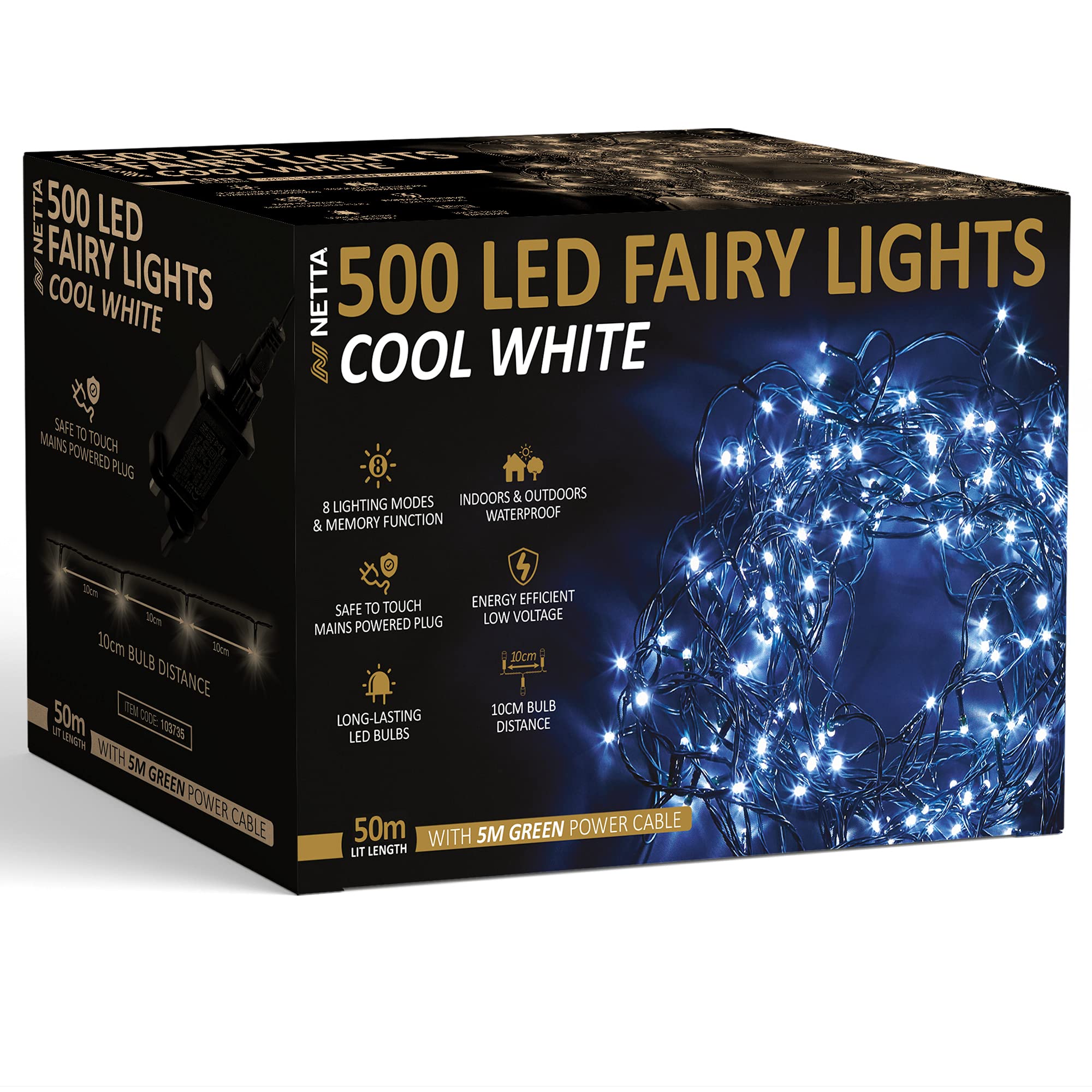 Netta Cool White Christmas Tree Fairy Lights - 50M 500 Led Mains Powered, Waterproof Outdoor String Light, 8 Modes Plug In Lighting Outside Indoor & Outdoor Garden Xmas Decorations
