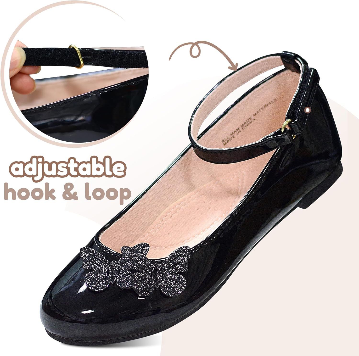 LseLom Girls Dress Shoes Butterfly Mary Janes for Girls Hook and Loop Party Wedding Flats Shoes - Image 3