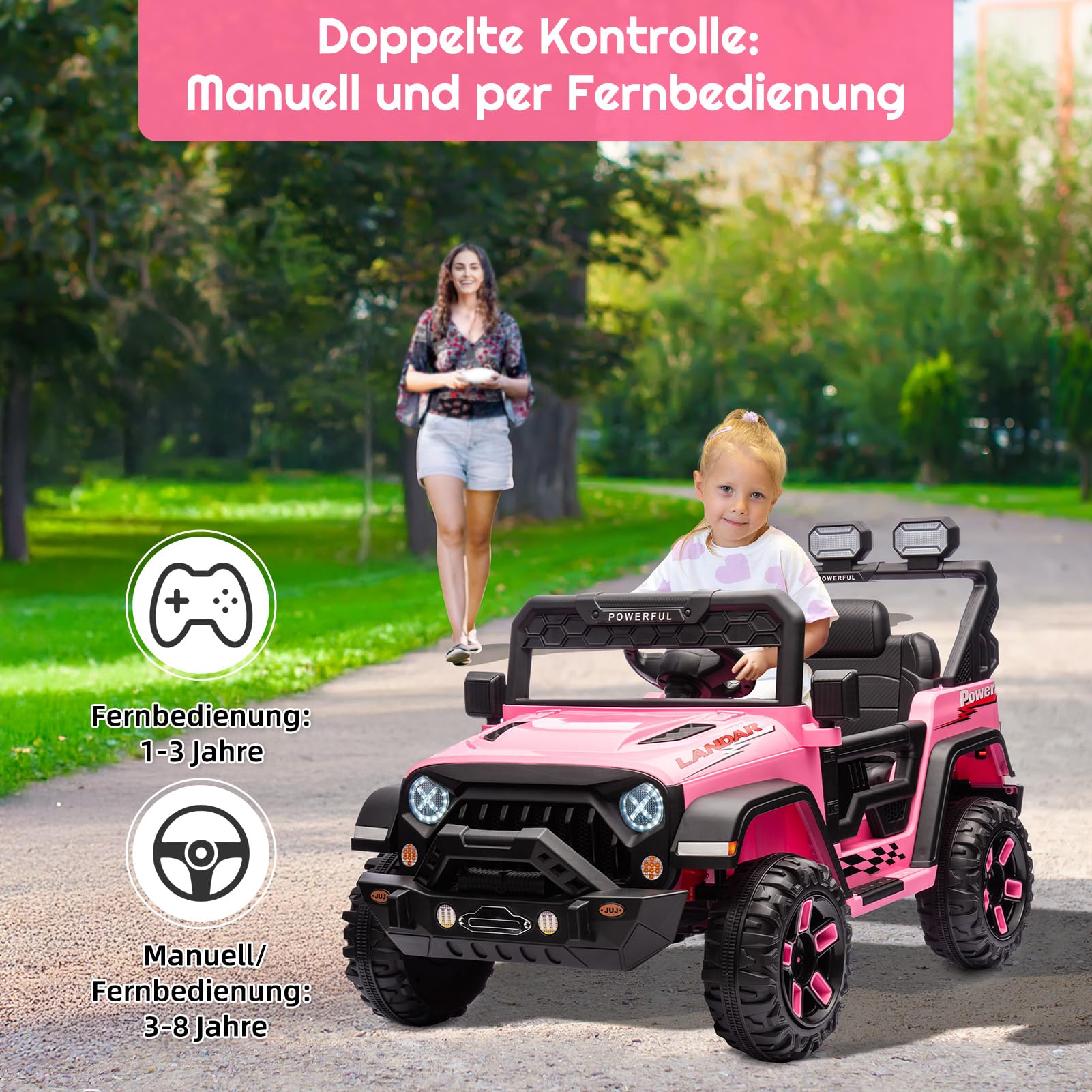 Coche Eléctrico Infantil HAUSPROFI 12V – Todoterreno Con Control Remoto 2.4G, Luces LED, Bluetooth Y Arnés De 3 Puntos Para Niños De 1 A 8 Años