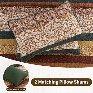 DJY Boho Quilt Set King Size Brown Green Bohemian Striped Bedspread Coverlet Set, Boho Floral Pattern Soft Microfiber Quilted Bedding Set for All Season, 104''x90''