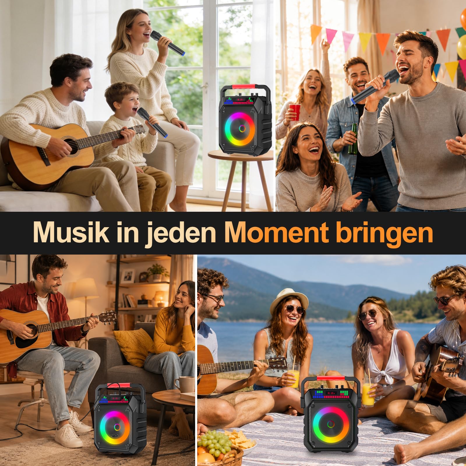 Karaoke Box mit 2 Mikrofonen für Erwachsene & Kinder | 5200mAh Akku für 12h Laufzeit, Echo, RGB-Lichter, Bluetooth, USB/TF-Aufnahme, Mic-Eingang – leichtes 2kg Party-Soundsystem