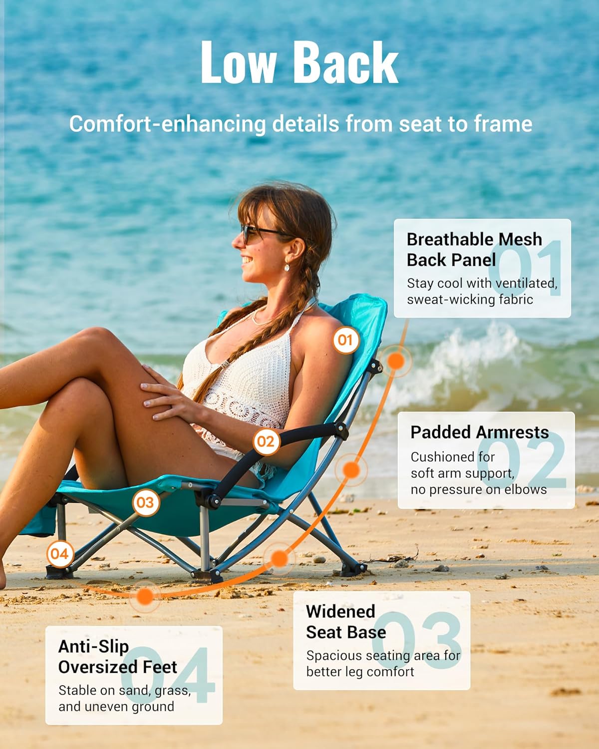 KingCamp Low Beach Chairs, Folding Portable Chair for Adults Lightweight Extra Wide Seat 300lbs Heavy Duty Oversized Backpack, Carry Bag for Camping - Image 4