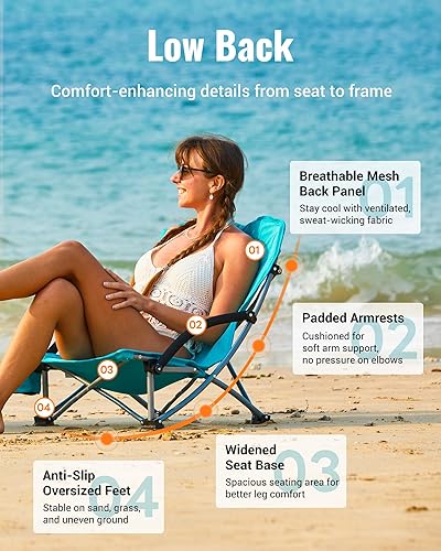 Miniatura 10 de KingCamp Low Beach Chairs, Portable Folding Chair for Adults Extra Wide Ergonomic High Back Seat 300lbs Heavy Duty Lightweight Oversized Gear with