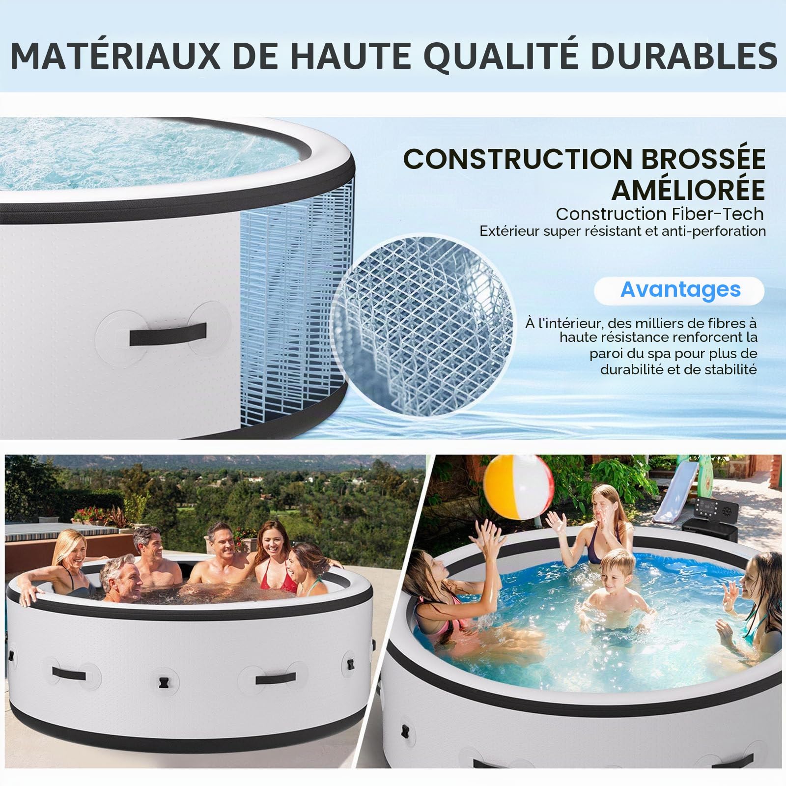Baignoire Gonflable 2500w, Spa avec Massage pour 4 à 6 Personnes, Bain à Remous Extérieur, 150 Jets De Massage Et Lumières LED, pour Terrasse, Jardin Et Espace Extérieur (206 X 206 X 71 cm)