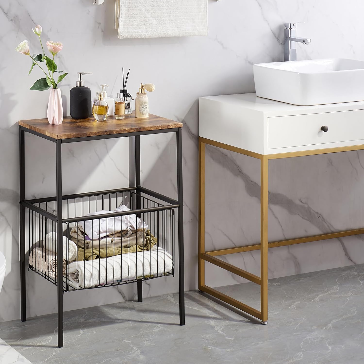 VECELO 2 Sets Tall End Table with Metal Basket,Nightstand with Shelf Storage Organizer, Wood Night Stand with Metal Frame, Waterproof for Bedroom, Living Room, Bathroom