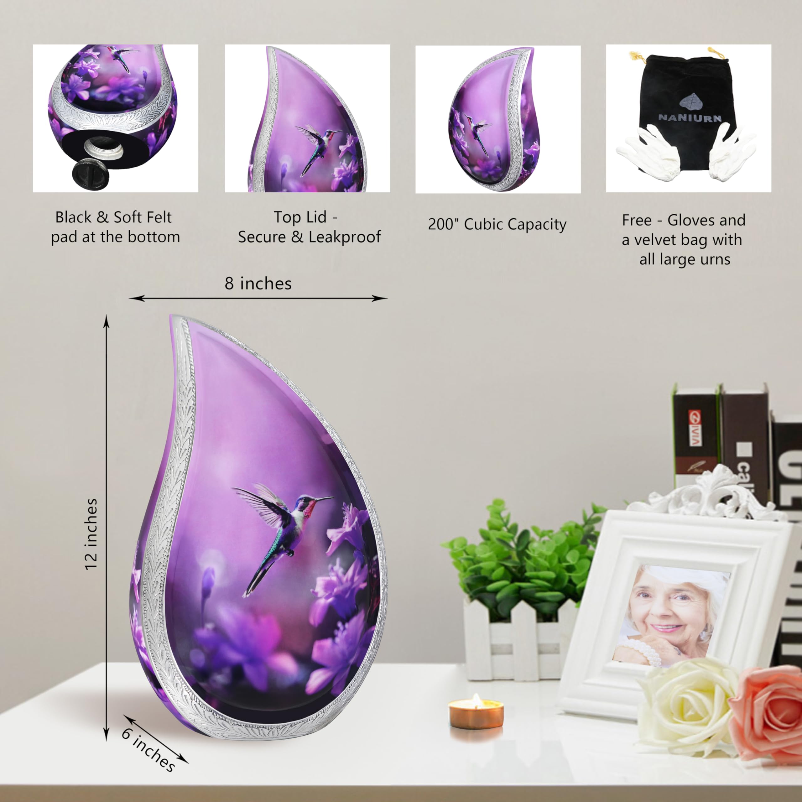 NANIURN Urn for Ashes for Women & Male, Cremation Urns for Human Ashes Adult Female and Man, Funeral Urn, Large Tear Drop Model Decorative, Burial, Purple Flower with Hummingbird - Full Size Teardrop