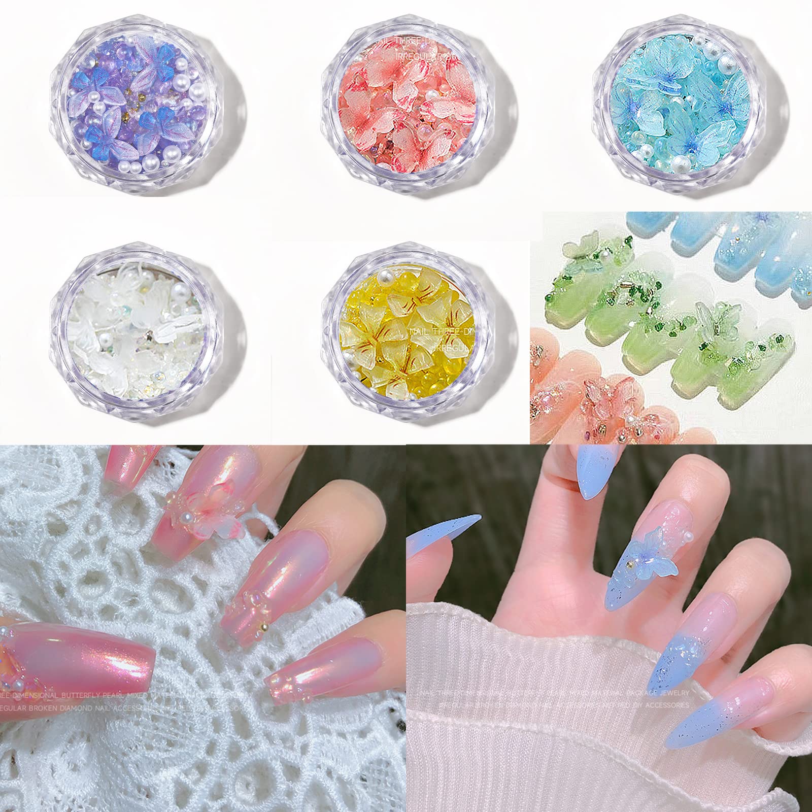 5 Boxes 3D Butterfly Nail Charms Acrylic Pink Purple White Yellow Blue 3D Butterfly Nail Art Charms Mix Pearl Round Color Beads for Nail Art Designs Accessories DIY Crafts