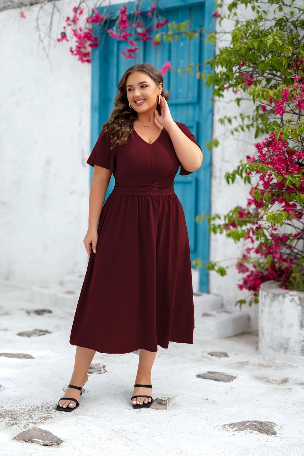 Women's Plus Size Summer V Neck Long Dresses Short Sleeve A Line Ruffle High Waist Flowy Casual Dress - Image 4