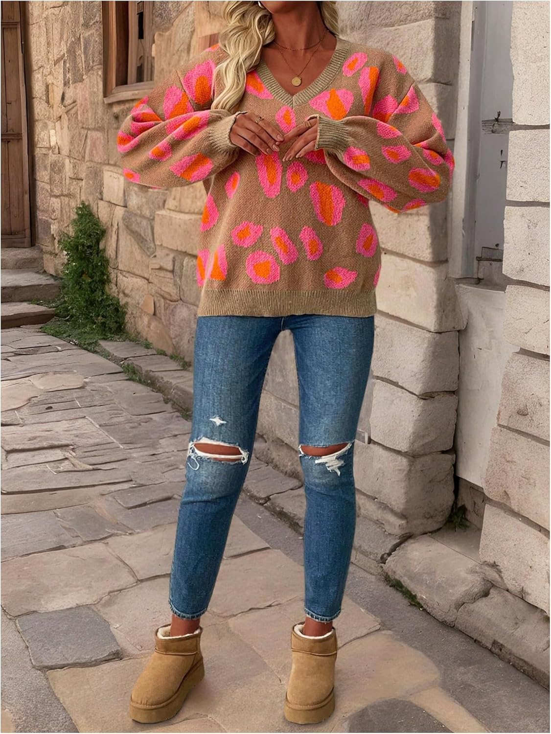 SOLY HUX Women's Leopard Print Knit Sweater V Neck Long Sleeve Tops Casual Pullover Fall Outfit