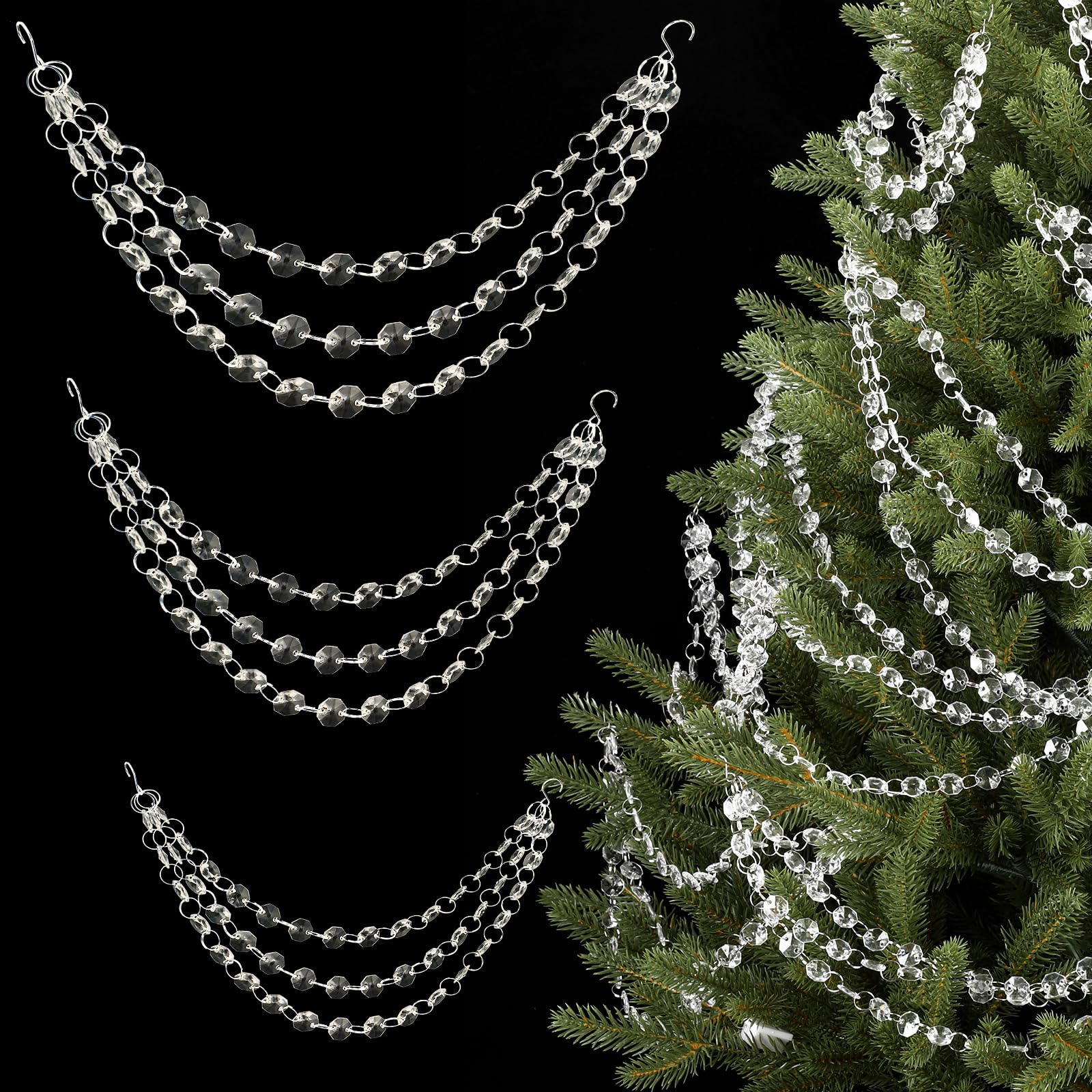 Pinkunn 12 Pcs 3-Layer Crystal Garland for Christmas Tree 20in 16in 12in 3-Layer Acrylic Bead Garland Hanging Christmas Decorations Indoor Home Decor for Home Xmas Wedding Party Decor (Chain)