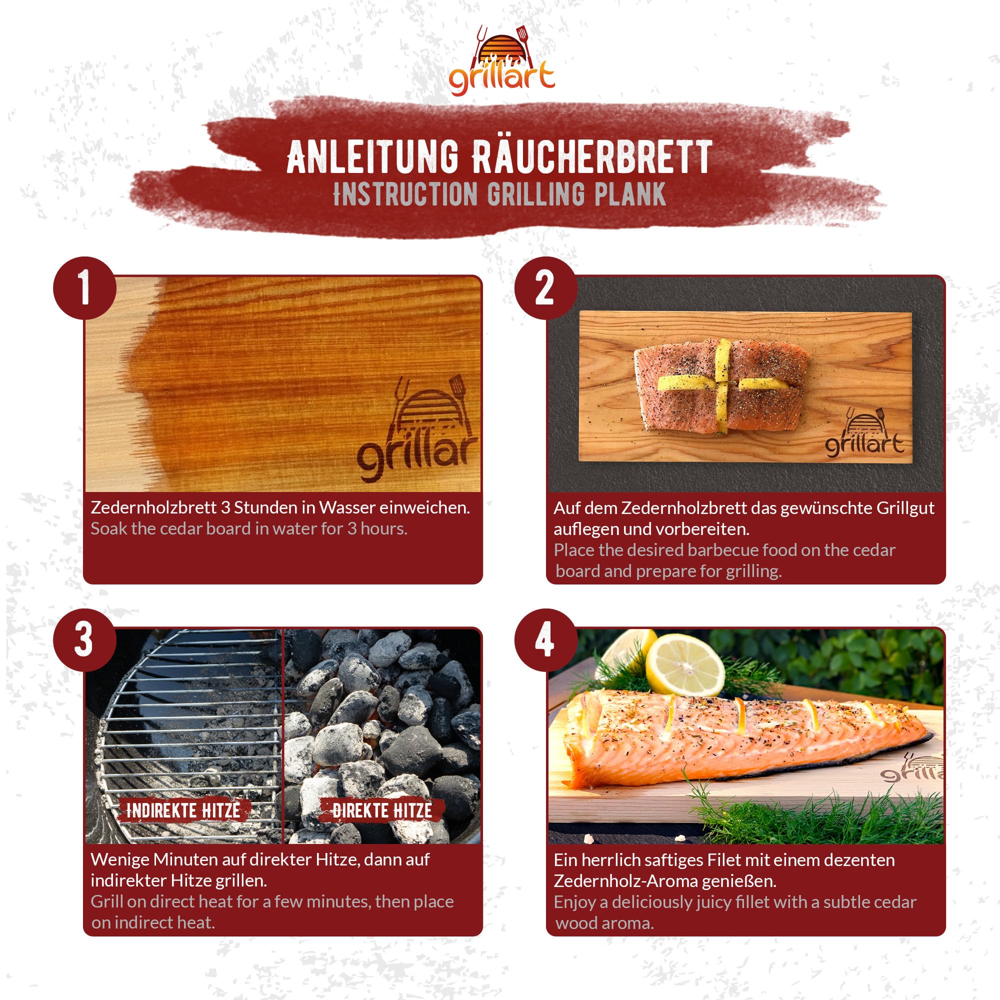 grillart Set di 2 tavole XL da 2 cm di spessore, in legno di cedro per grigliare, in legno di cedro rosso occidentale naturale al 100%, per un gusto speciale alla griglia