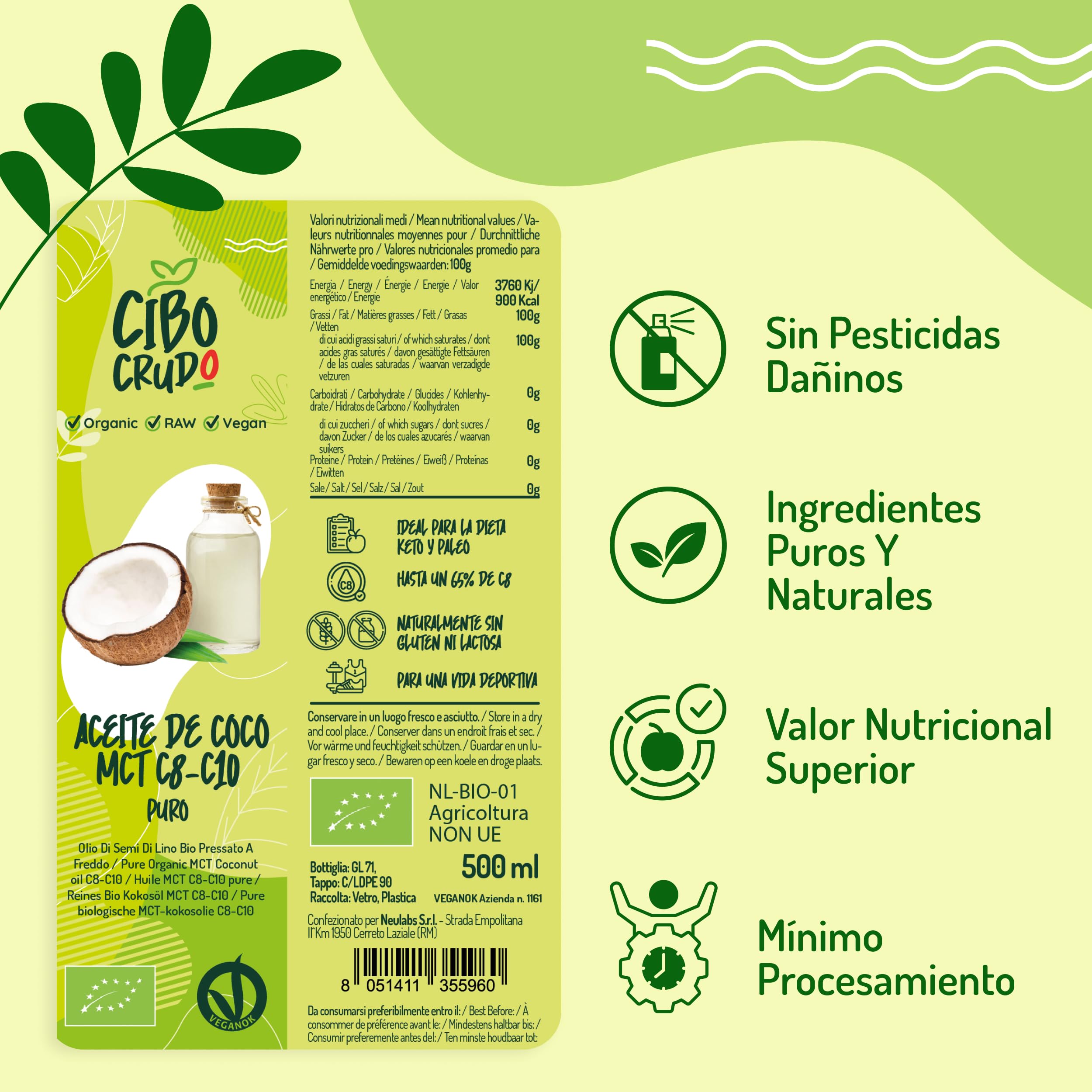 Aceite MCT C8 C10 de Coco Orgánico Prensado en Frío 500ml - 60% C8 40% C10 Virgen Natural Puro