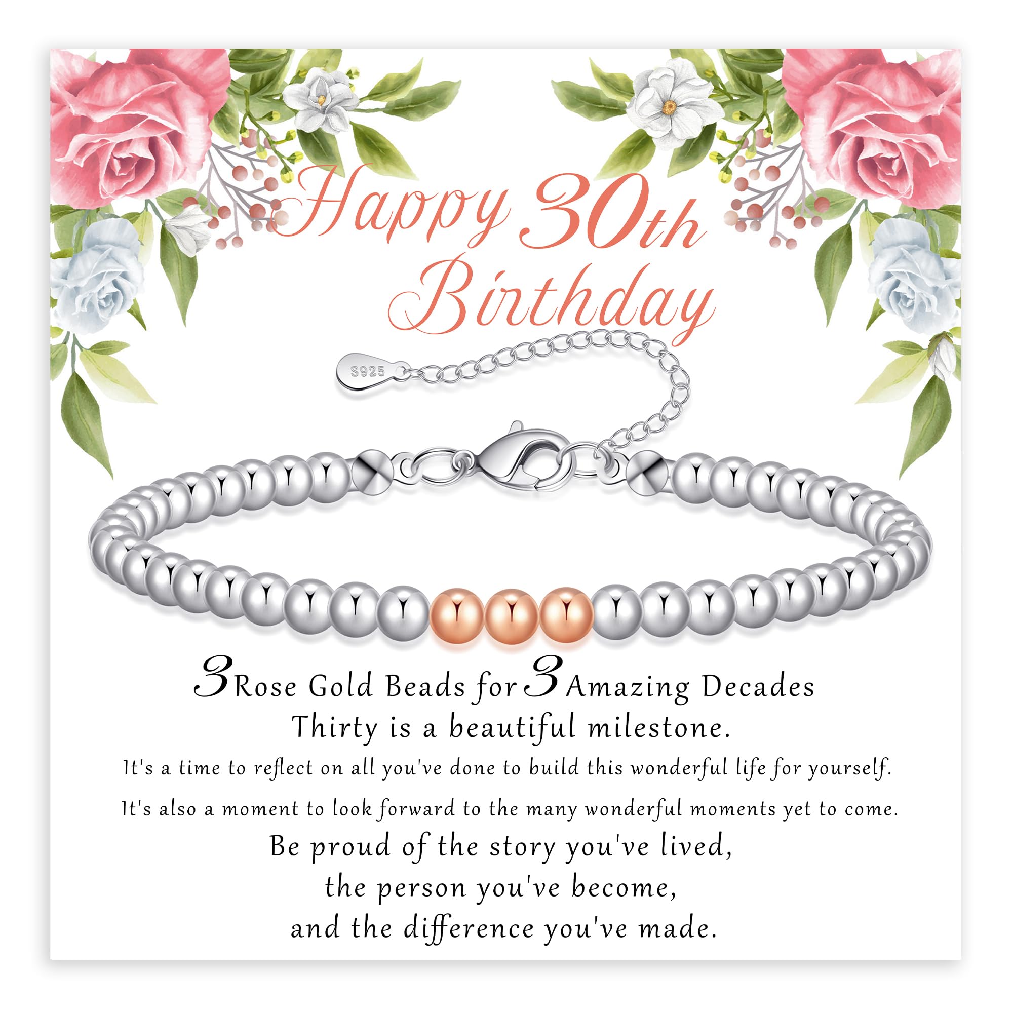 BMMYE 30th 40th 50th 60th 70th Birthday Gifts for Women, 925 Sterling Silver Bracelet for Women with Cards Adjustable 4mm Silver Bead Bracelet