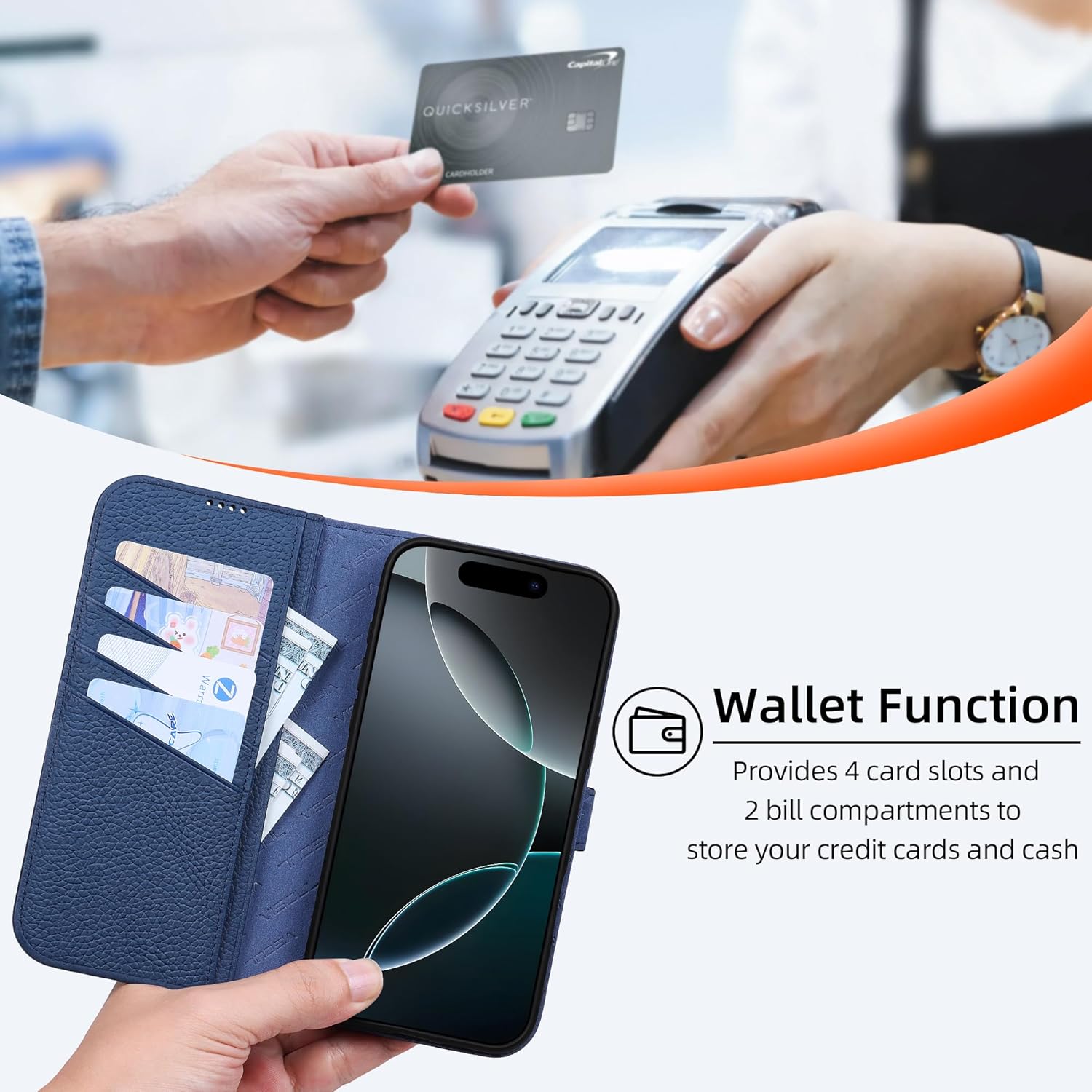 VISOUL Wallet Case for iPhone 17 Pro Max with Card Slots Pebbled Real Leather Protective Cover, RFID Blocking Kickstand Magnetic Folio Case Designed for iPhone 17 Pro Max (6.9")-Black+Blue - Image 8