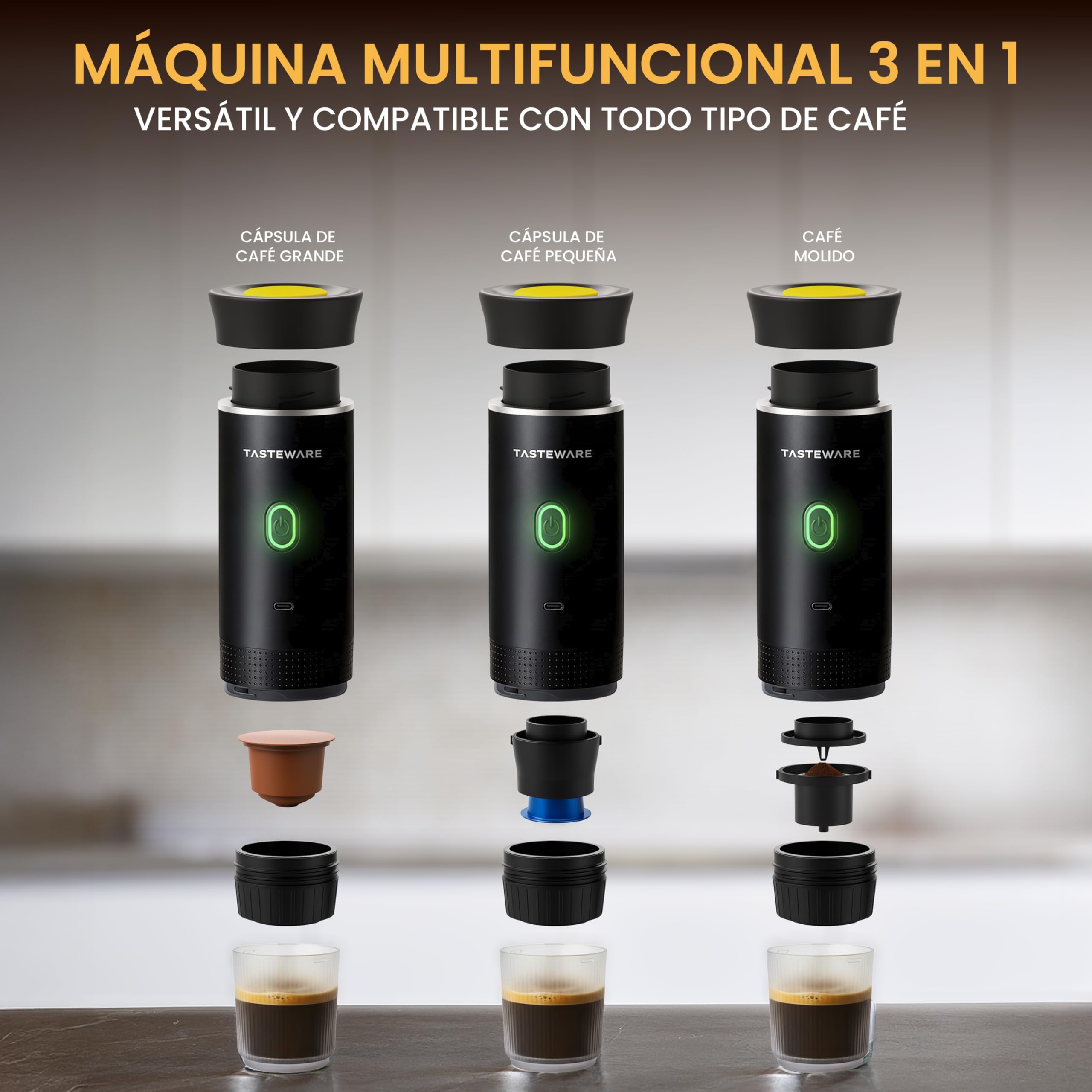 Cafetera Portatil Capsulas - Cafetera Portátil de Espresso 3 en 1, Máquina de café portátil, Para cápsulas pequeñas o grandes y café molido, Cafetera de viaje portatil individual